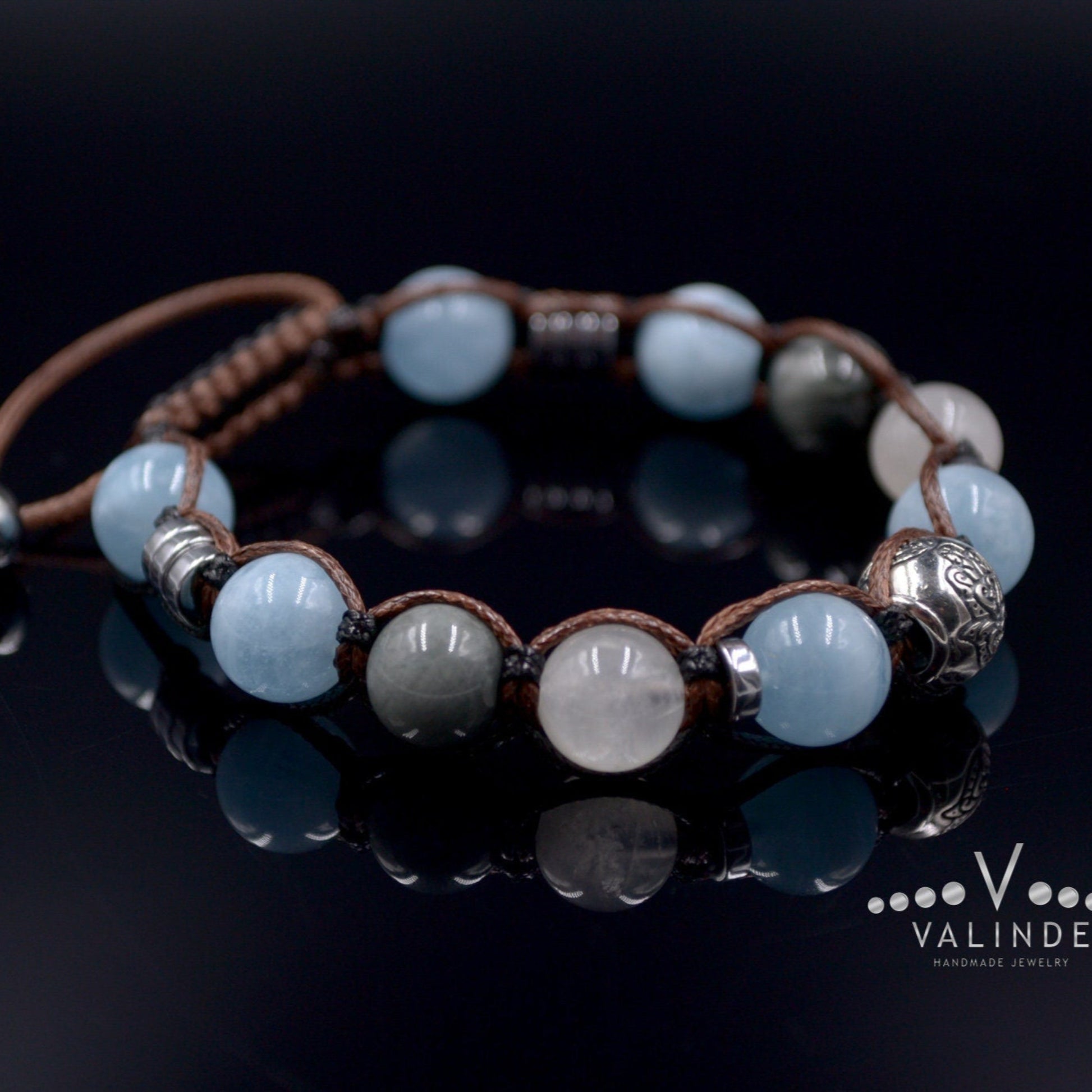 Men's Natural Aquamarine and 925 Sterling Silver Bead Bracelet Hamsa Hand Bracelet Moonstone Bracelet Gift for Man Hawk's Eye Bracelet  - Shamballa Bracelet - Mantra Bracelet  -  Birthstone Bracelet - Gemstone Bracelet Men - Chakra Bracelet - Macrame Bracelet - Healing Bracelet - Valinde
