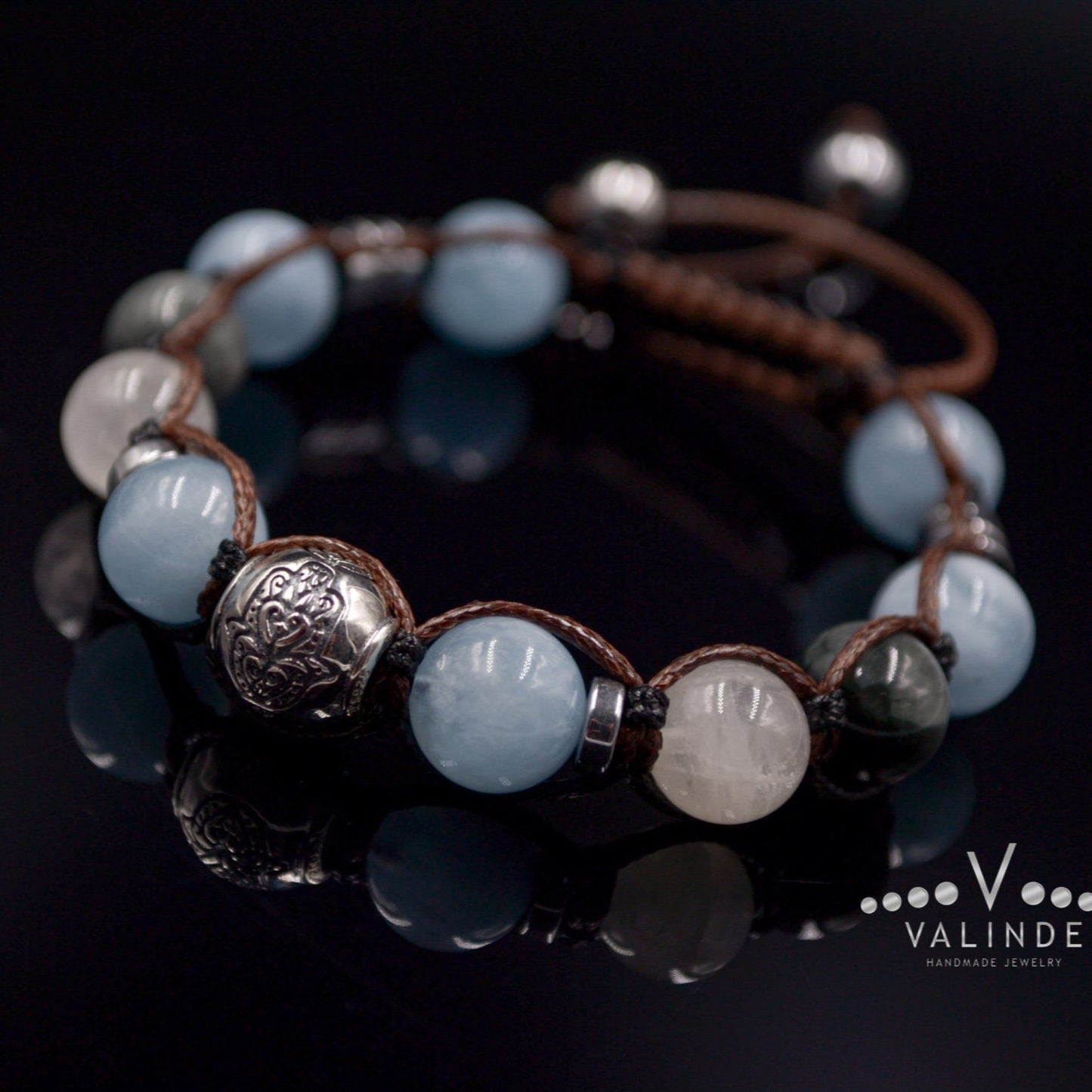 Men's Natural Aquamarine and 925 Sterling Silver Bead Bracelet Hamsa Hand Bracelet Moonstone Bracelet Gift for Man Hawk's Eye Bracelet  - Shamballa Bracelet - Mantra Bracelet  -  Birthstone Bracelet - Gemstone Bracelet Men - Chakra Bracelet - Macrame Bracelet - Healing Bracelet - Valinde
