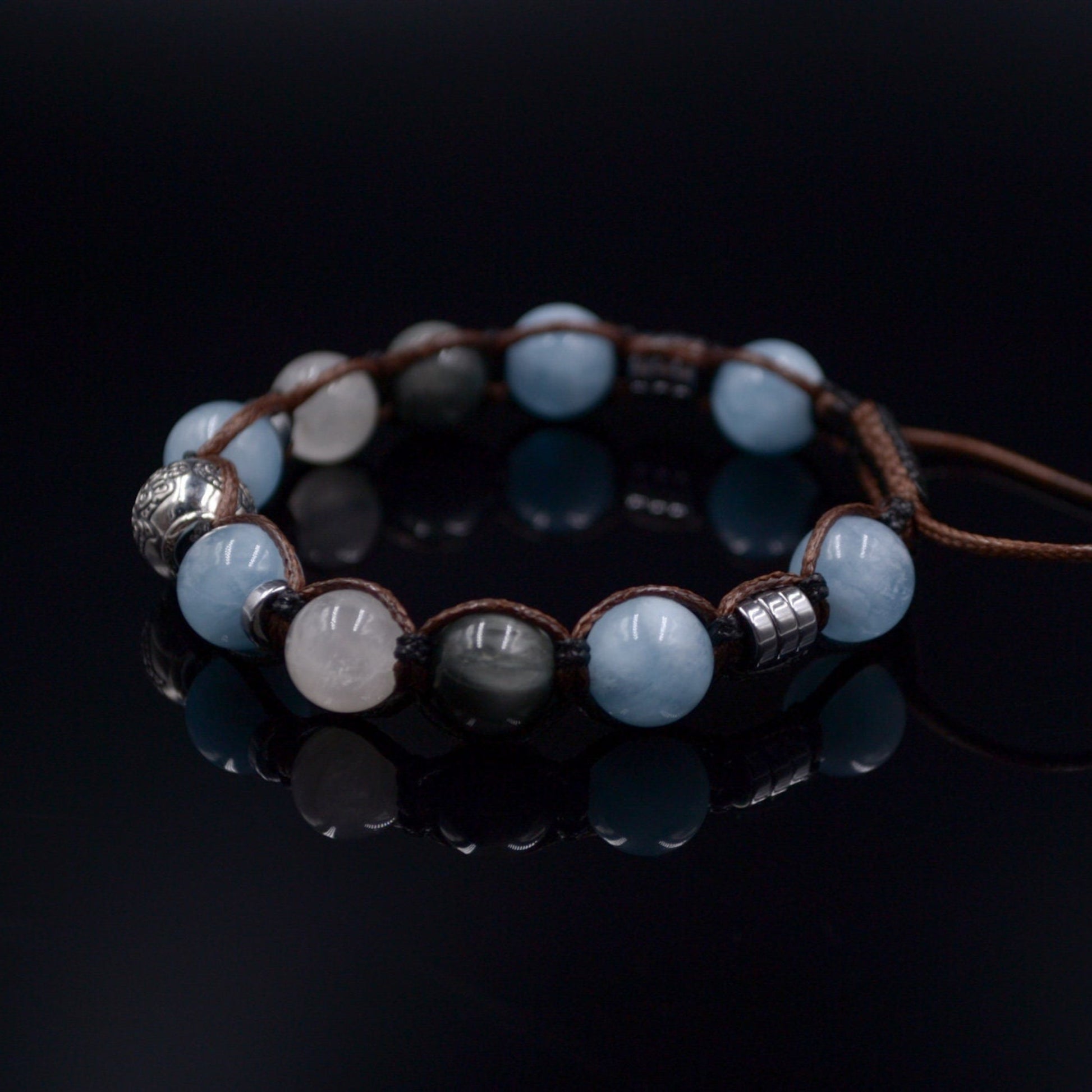 Men's Natural Aquamarine and 925 Sterling Silver Bead Bracelet Hamsa Hand Bracelet Moonstone Bracelet Gift for Man Hawk's Eye Bracelet  - Shamballa Bracelet - Mantra Bracelet  -  Birthstone Bracelet - Gemstone Bracelet Men - Chakra Bracelet - Macrame Bracelet - Healing Bracelet - Valinde

