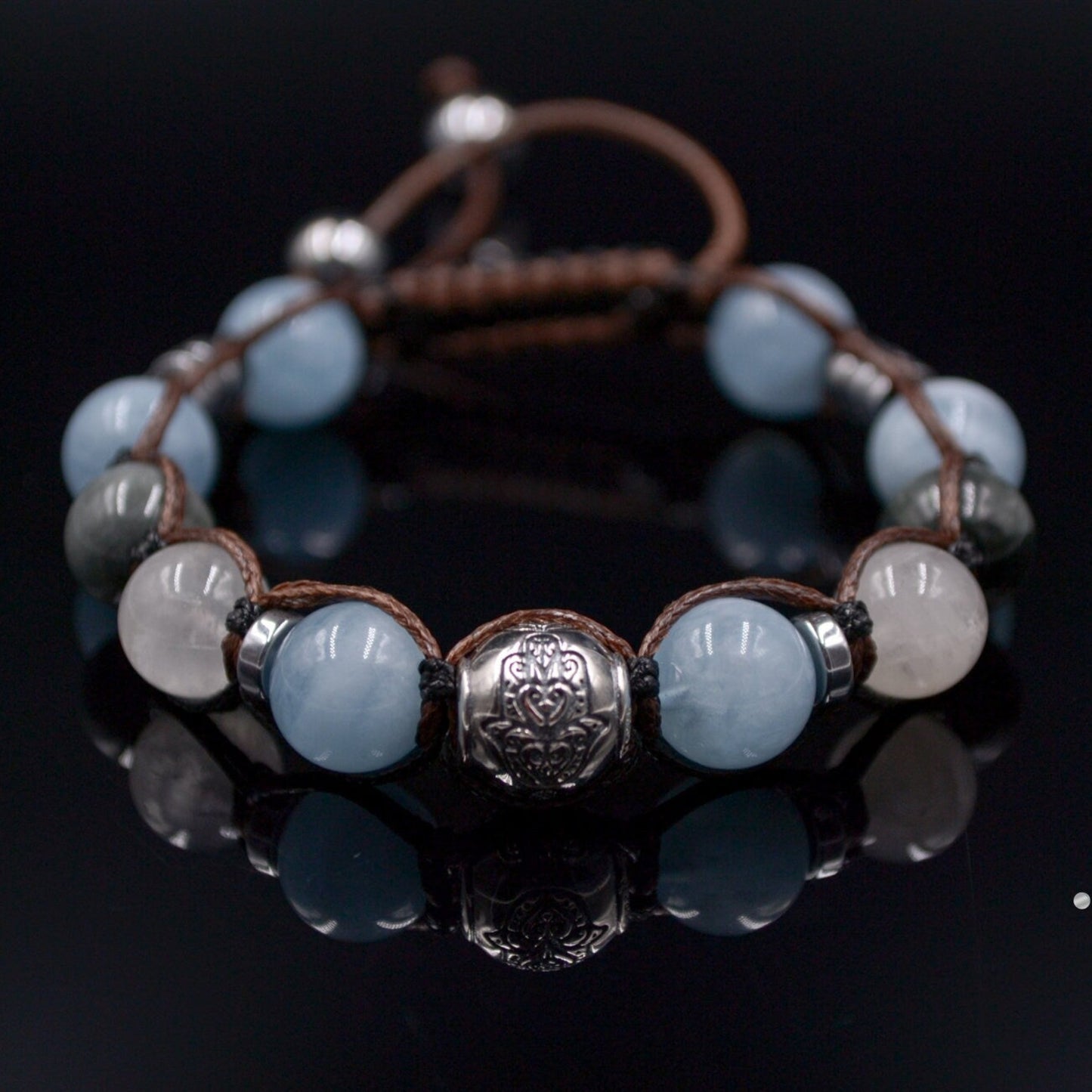 Men's Natural Aquamarine and 925 Sterling Silver Bead Bracelet Hamsa Hand Bracelet Moonstone Bracelet Gift for Man Hawk's Eye Bracelet  - Shamballa Bracelet - Mantra Bracelet  -  Birthstone Bracelet - Gemstone Bracelet Men - Chakra Bracelet - Macrame Bracelet - Healing Bracelet - Valinde
