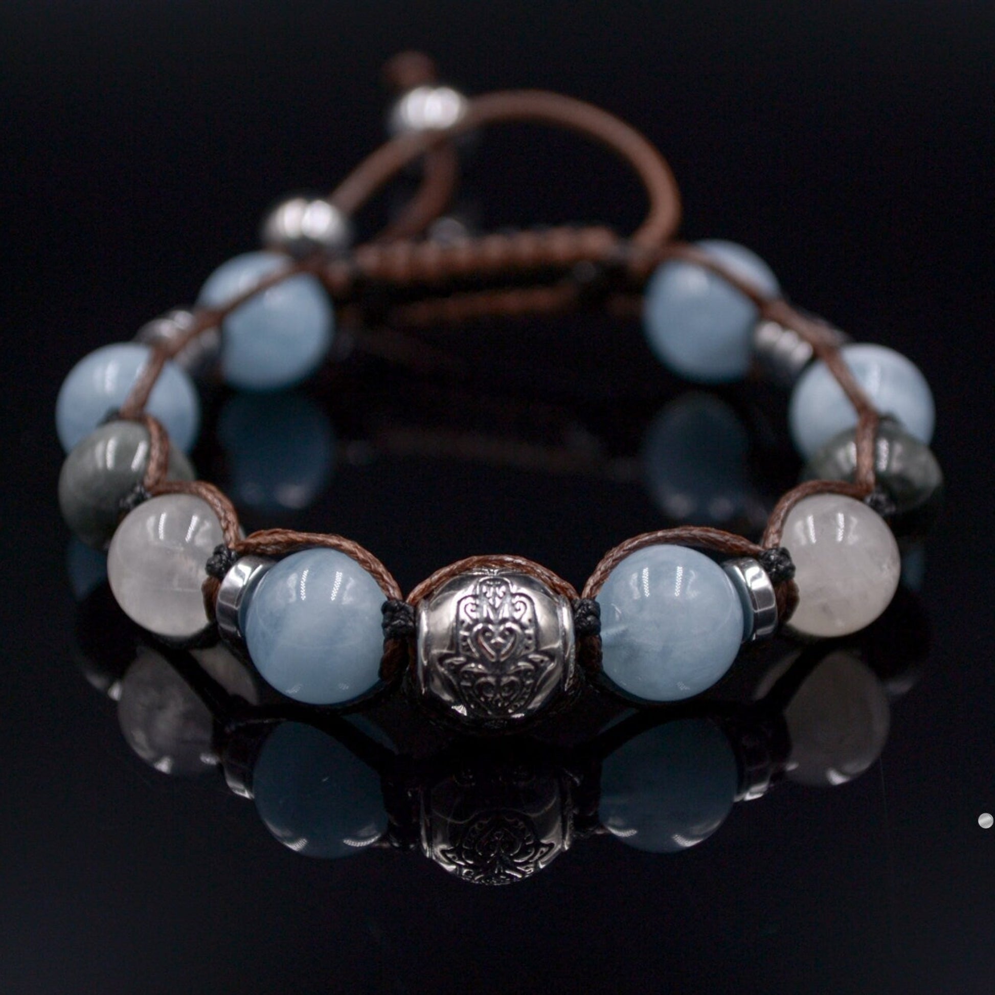 Men's Natural Aquamarine and 925 Sterling Silver Bead Bracelet Hamsa Hand Bracelet Moonstone Bracelet Gift for Man Hawk's Eye Bracelet  - Shamballa Bracelet - Mantra Bracelet  -  Birthstone Bracelet - Gemstone Bracelet Men - Chakra Bracelet - Macrame Bracelet - Healing Bracelet - Valinde
