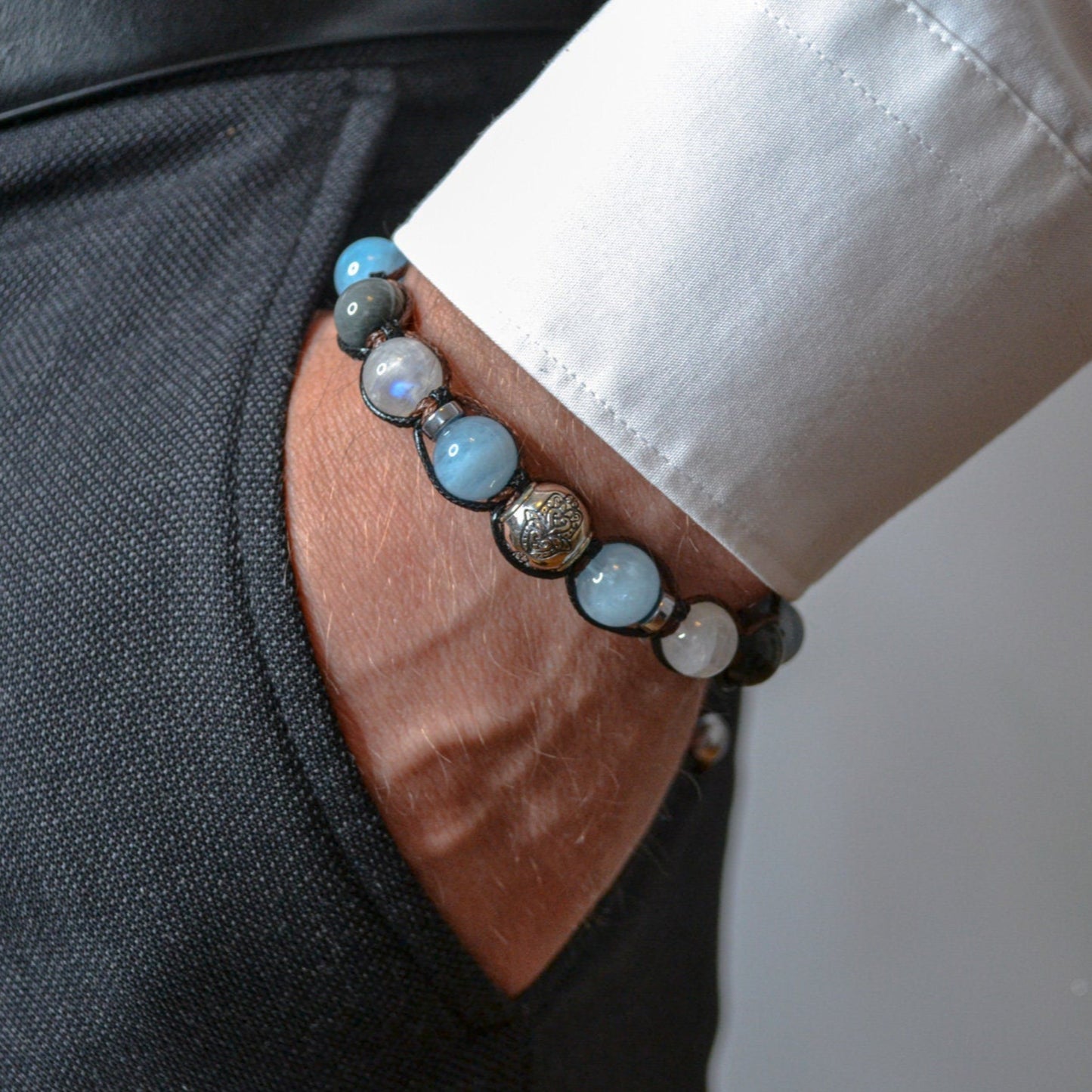Men's Natural Aquamarine and 925 Sterling Silver Bead Bracelet Hamsa Hand Bracelet Moonstone Bracelet Gift for Man Hawk's Eye Bracelet  - Shamballa Bracelet - Mantra Bracelet  -  Birthstone Bracelet - Gemstone Bracelet Men - Chakra Bracelet - Macrame Bracelet - Healing Bracelet - Valinde
