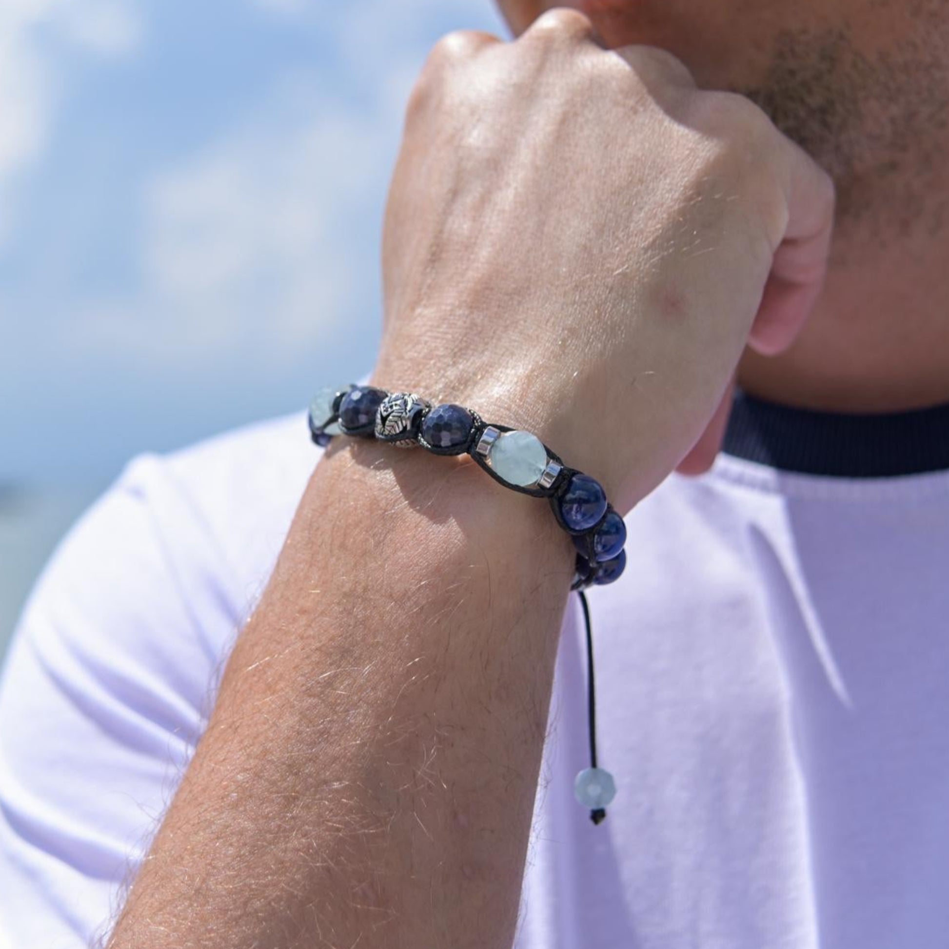 Men Beaded Bracelet - Silver Sapphire Kyanite - Handmade Jewelry - Birthstone Bracelet - Shamballa Bracelet - Mantra Bracelet  -  Yoga Bracelet -  Birthstone Bracelet - Gemstone Bracelet Men - Chakra Bracelet - Macrame Bracelet - Healing Bracelet - Gift for Father - Gift For Men - Valinde
