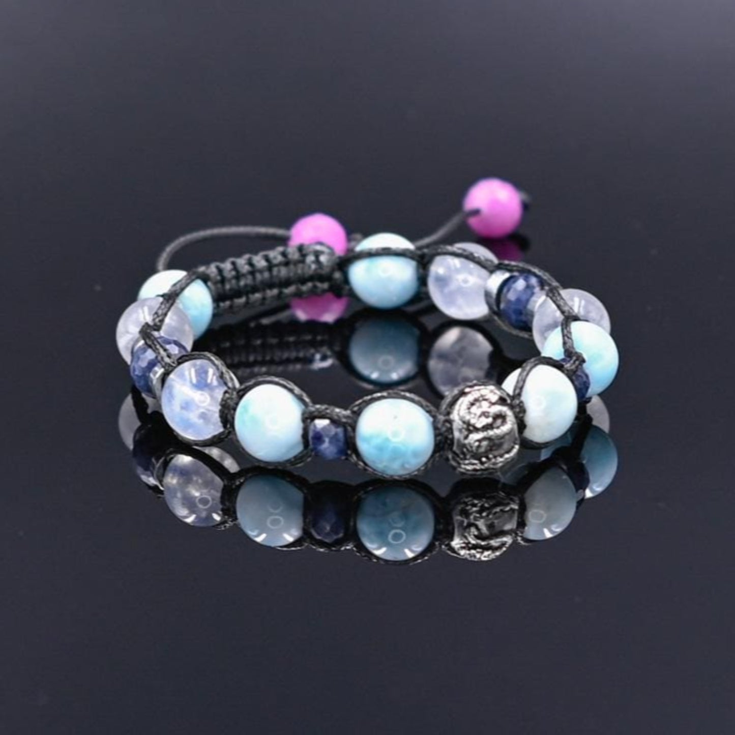 Genuine Larimar Sapphire Ruby Moonstone Braided Bracelet, Men's 925 Silver Bead Bracelet, Luxury Gemstone Adjustable Bracelet, Gift for Men  - Shamballa Bracelet - Birthstone Bracelet - Gemstone Bracelet Men - Chakra Bracelet - Macrame Bracelet - Healing Bracelet - Valinde

