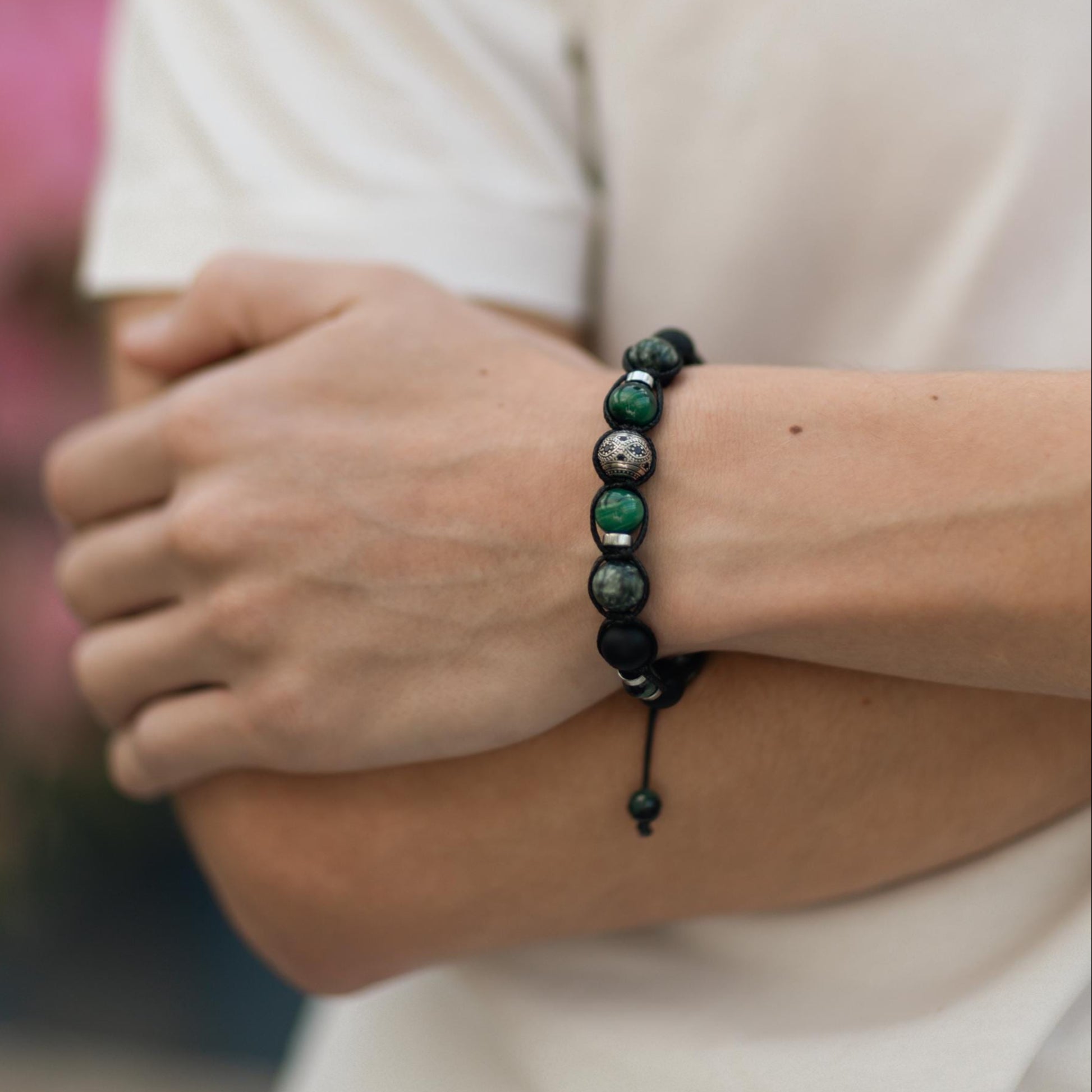 Emerald Seraphinite Malachite Birthstone Bracelet, Men's 925 Silver Bead Bracelet, Adjustable Onyx Braided Bracelet, Luxury Bracelet for Men  - Shamballa Bracelet - Mantra Bracelet  -  Birthstone Bracelet - Gemstone Bracelet Men - Chakra Bracelet - Macrame Bracelet - Healing Bracelet - Valinde
