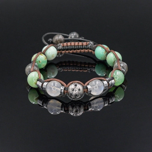 Chrysoprase Crystal Bracelet, Men's 925 Silver Bead Bracelet, Moonstone Labradorite Bracelet, Gift for Men, Adjustable Gemstone Bracelet - Shamballa Bracelet - Birthstone Bracelet - Gemstone Bracelet Men - Chakra Bracelet - Macrame Bracelet - Healing Bracelet - Valinde