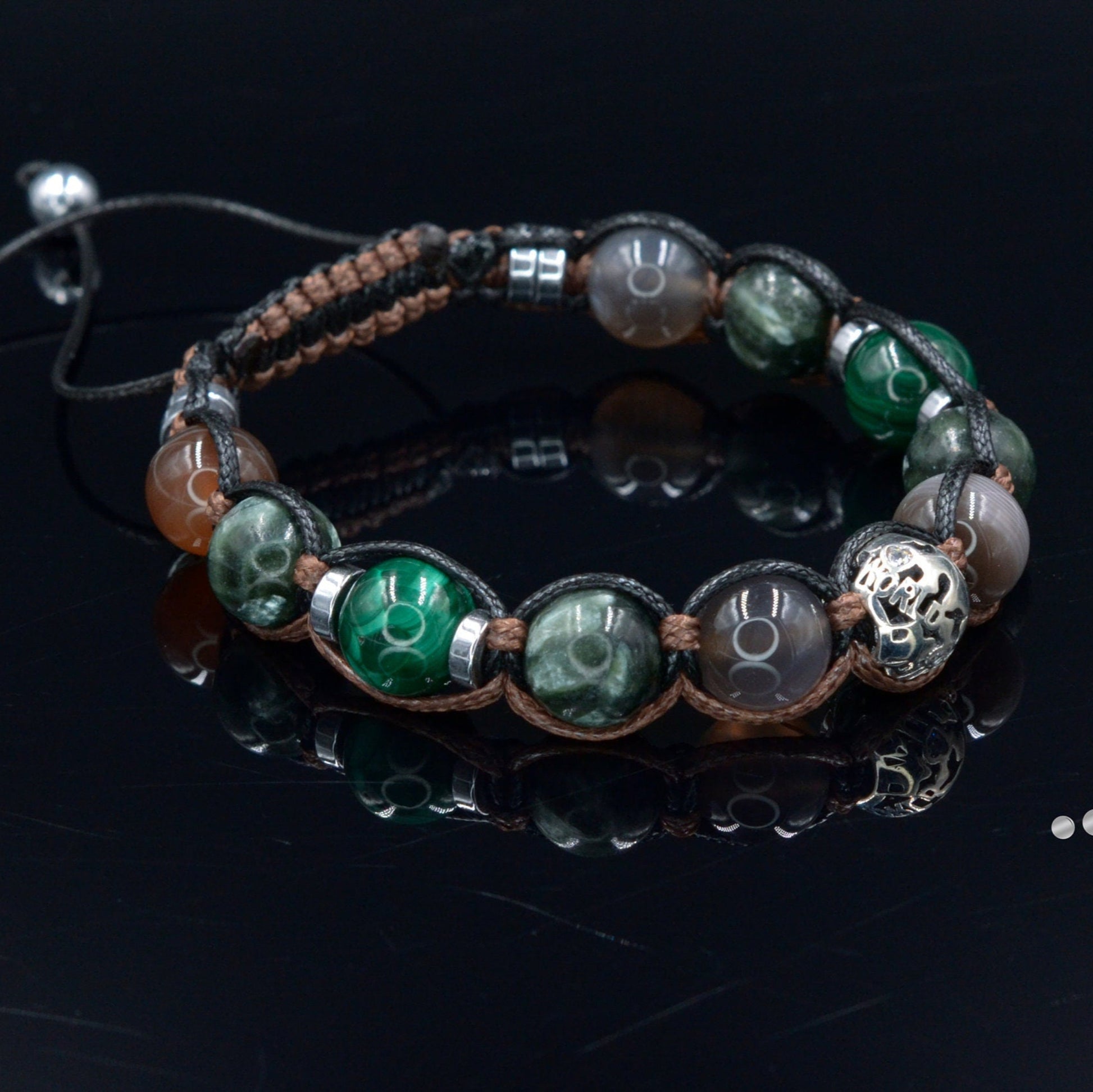 Seraphinite & Malachite Bracelet Man 925 Sterling Silver Bead Bracelet Gift for Men Men's Botswana Agate Crystal Bracelet Gemstone Bracelet - Shamballa Bracelet - Birthstone Bracelet - Gemstone Bracelet Men - Chakra Bracelet - Macrame Bracelet - Healing Bracelet - Valinde
