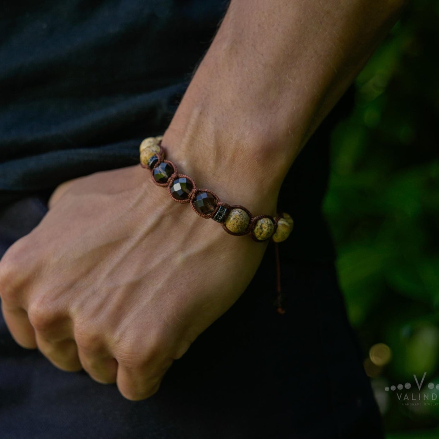 Jasper Smoky Quartz Gemstone Braided Adjustable Bracelet for Men, Jewelry Gift for Him - Shamballa Bracelet - Mantra Bracelet  -  Yoga Bracelet -  Birthstone Bracelet - Gemstone Bracelet Men - Chakra Bracelet - Macrame Bracelet - Healing Bracelet - Gift for Father - Gift For Men - Valinde
