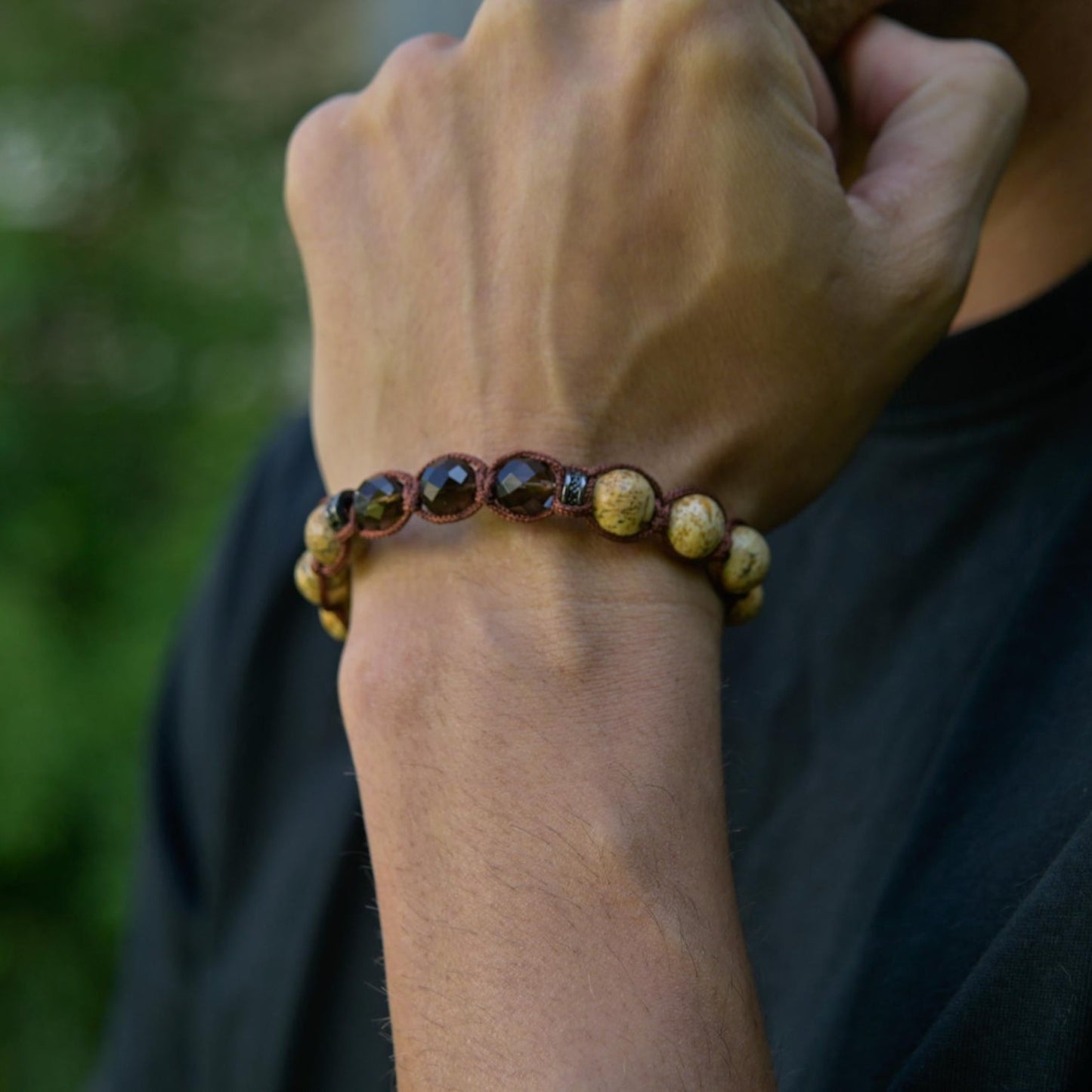 Jasper Smoky Quartz Gemstone Braided Adjustable Bracelet for Men, Jewelry Gift for Him - Shamballa Bracelet - Mantra Bracelet  -  Yoga Bracelet -  Birthstone Bracelet - Gemstone Bracelet Men - Chakra Bracelet - Macrame Bracelet - Healing Bracelet - Gift for Father - Gift For Men - Valinde
