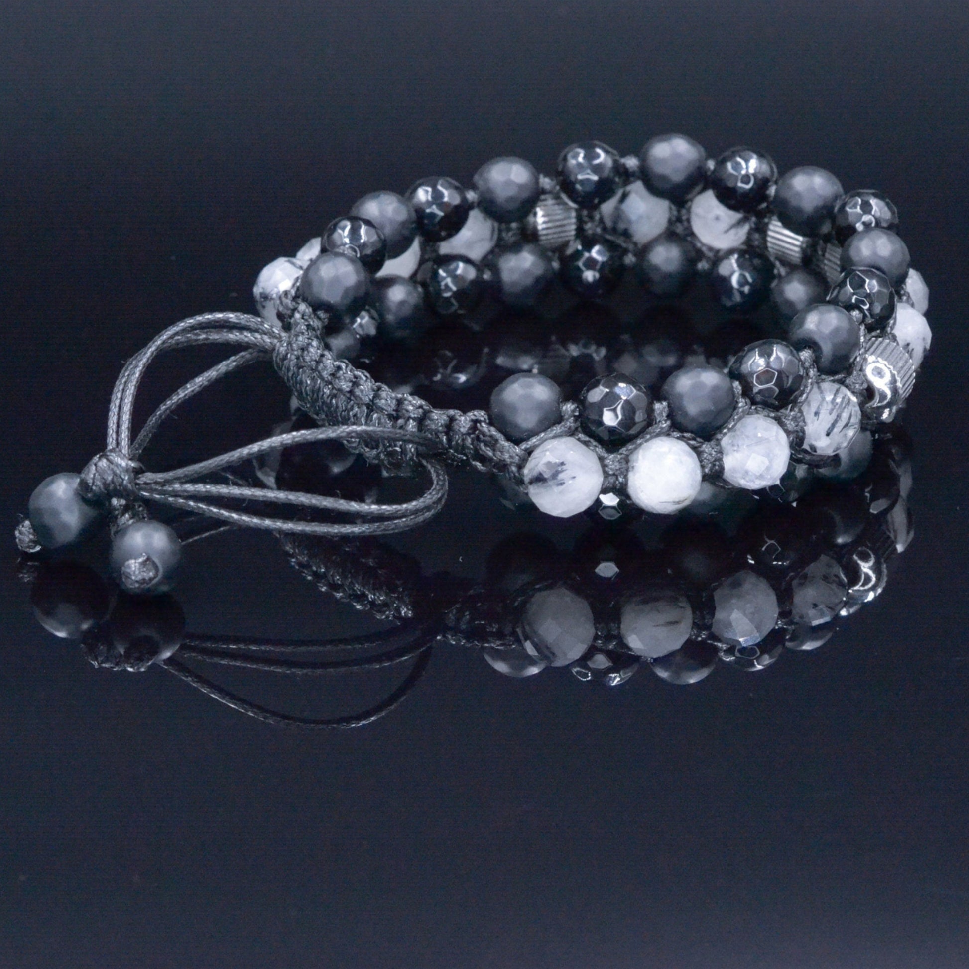 Quartz Agate Triple Bracelet - Men's Three Rows Adjustable Bracelet - Quartz Agate Gemstone Bracelet - Gift for Men - Wide Bead Bracelet - Shamballa Bracelet - Birthstone Bracelet - Gemstone Bracelet Men - Chakra Bracelet - Macrame Bracelet - Healing Bracelet - Valinde
