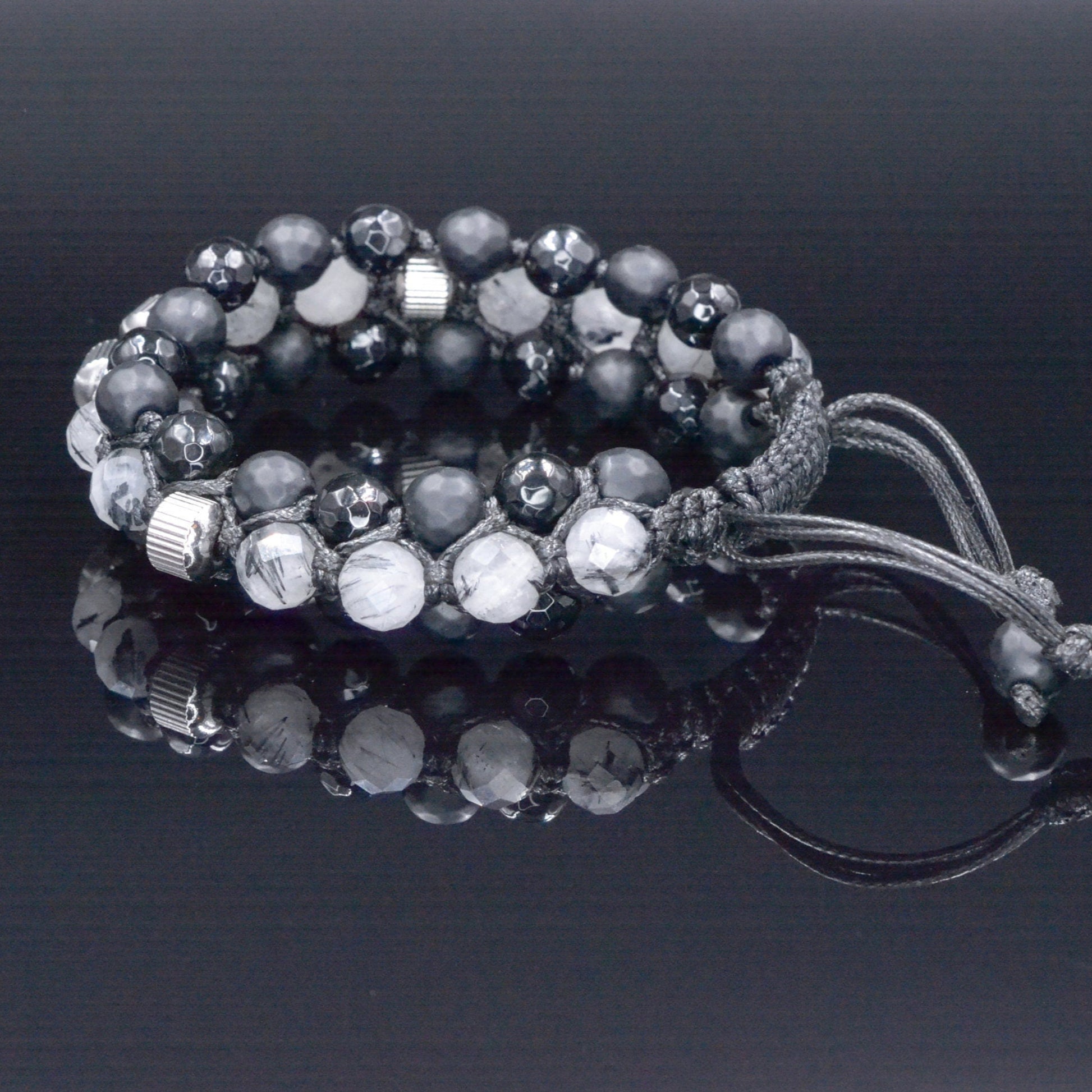 Quartz Agate Triple Bracelet - Men's Three Rows Adjustable Bracelet - Quartz Agate Gemstone Bracelet - Gift for Men - Wide Bead Bracelet - Shamballa Bracelet - Birthstone Bracelet - Gemstone Bracelet Men - Chakra Bracelet - Macrame Bracelet - Healing Bracelet - Valinde
