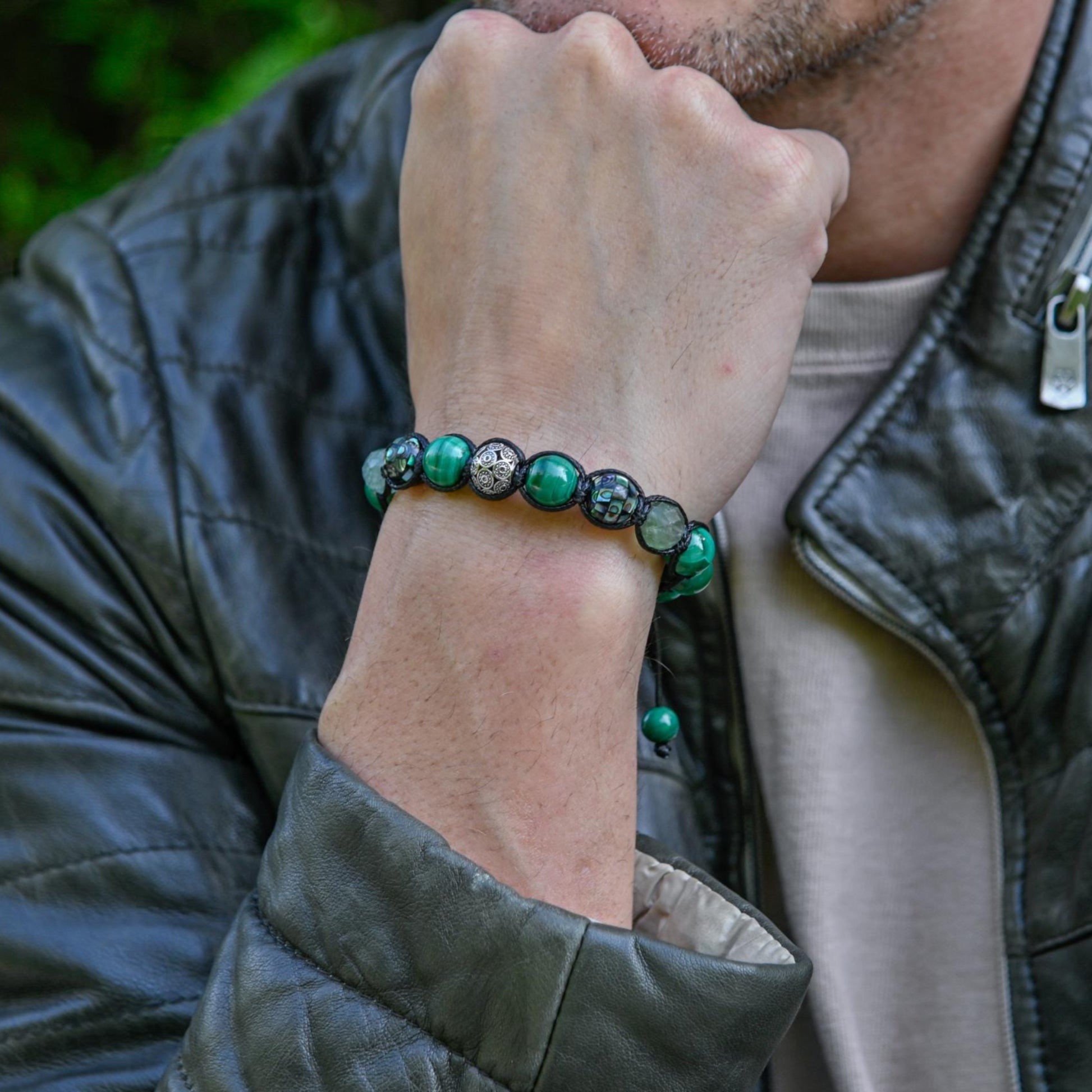 Men's Malachite & Abalone Shell 925 Sterling Silver Bead Gemstone Bracelet, Healing Crystal Jewelry, Gift for Him - Shamballa Bracelet - Mantra Bracelet  -  Yoga Bracelet -  Birthstone Bracelet - Gemstone Bracelet Men - Chakra Bracelet - Macrame Bracelet - Healing Bracelet - Gift for Father - Gift For Men - Valinde
