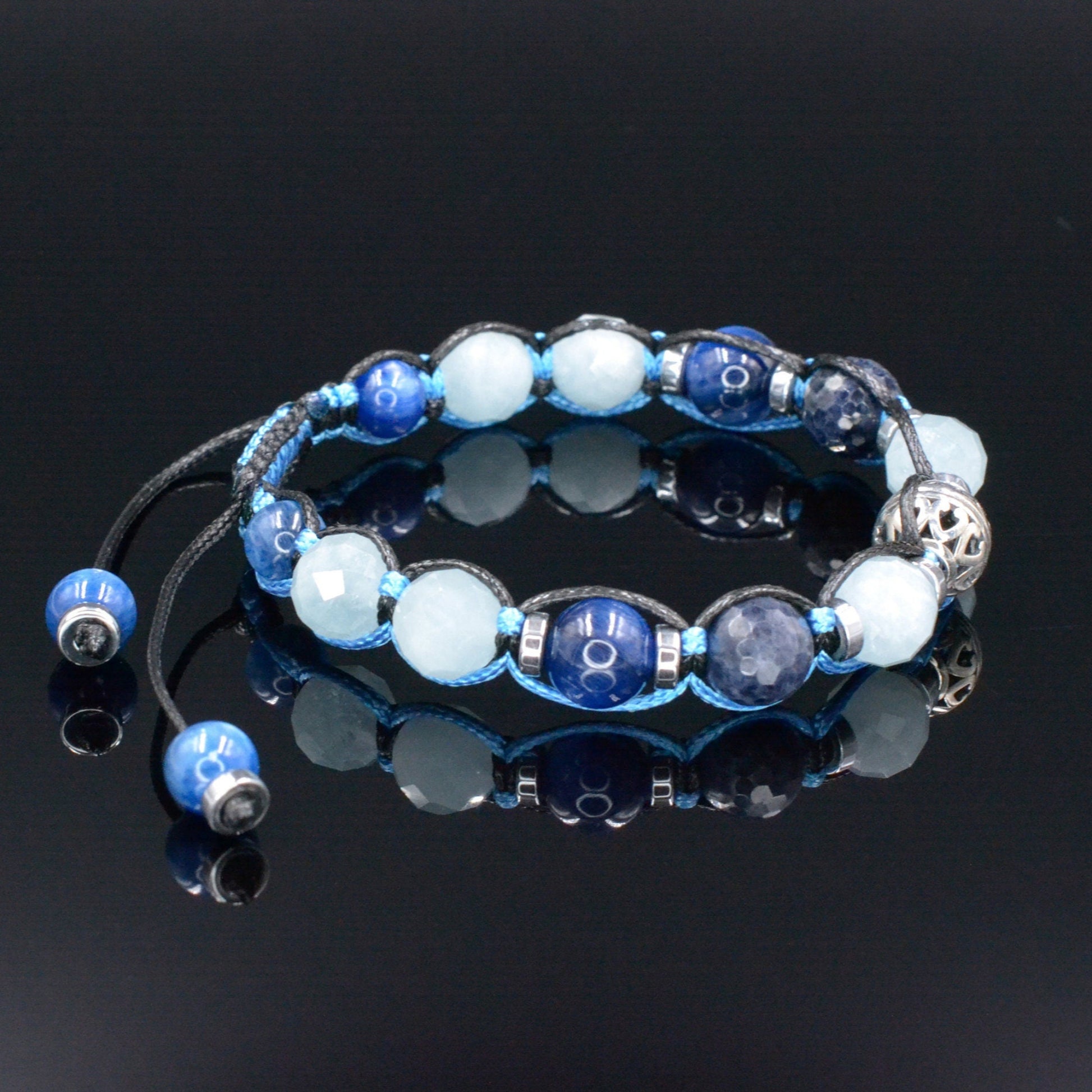 Sapphire Bracelet Men - Men's Kyanite Aquamarine Gemstone Bracelet - 925 Silver Bead Bracelet - Gift foe Men - Adjustable Crystal Bracelet - - Macrame Beaded Bracelet - Birthstone Bracelet - Gemstone Bracelet Men - Chakra Bracelet