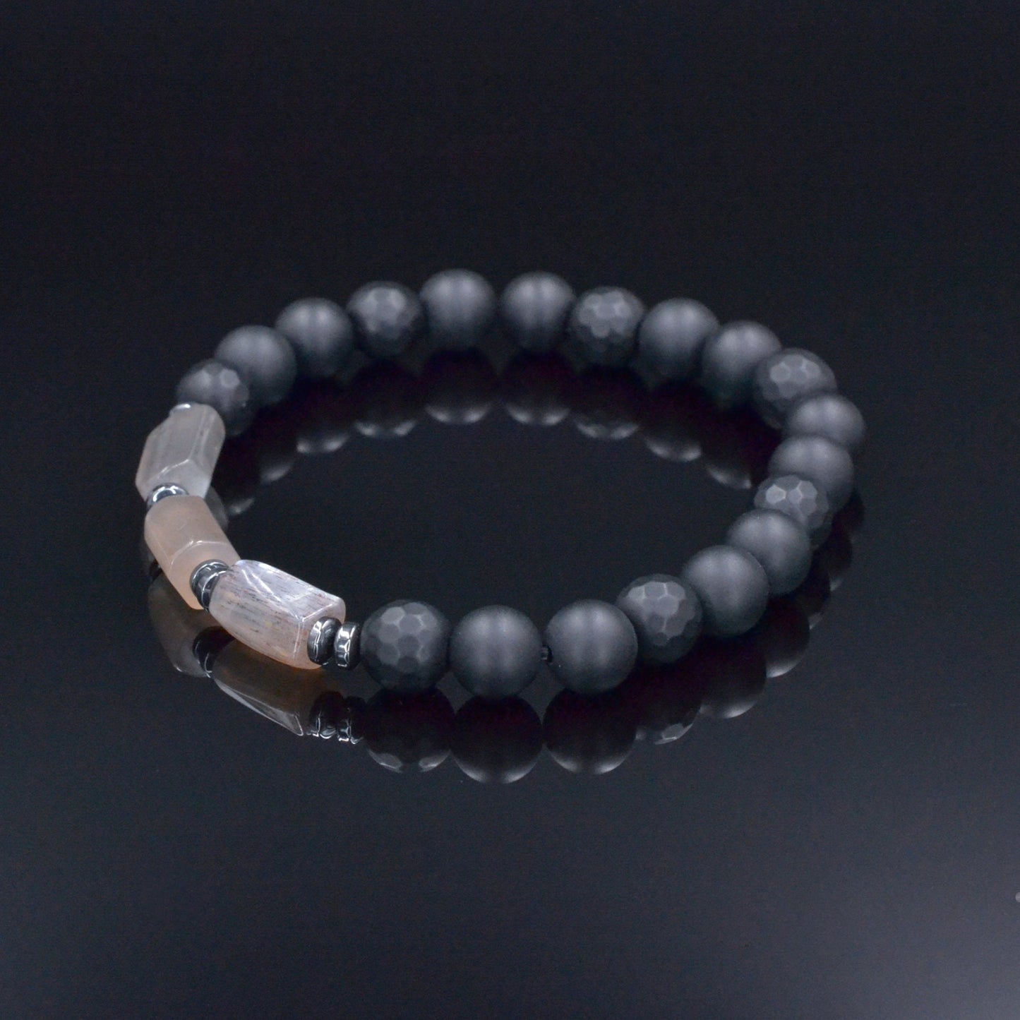 Black Onyx Stretch Bracelet, Men's Sunstone Hematite Beaded Summer Bracelet, Gift for Men, Elastic Crystal Bracelet, Men Gemstone Bracelet - Shamballa Bracelet - Birthstone Bracelet - Gemstone Bracelet Men - Chakra Bracelet - Macrame Bracelet - Healing Bracelet - Valinde