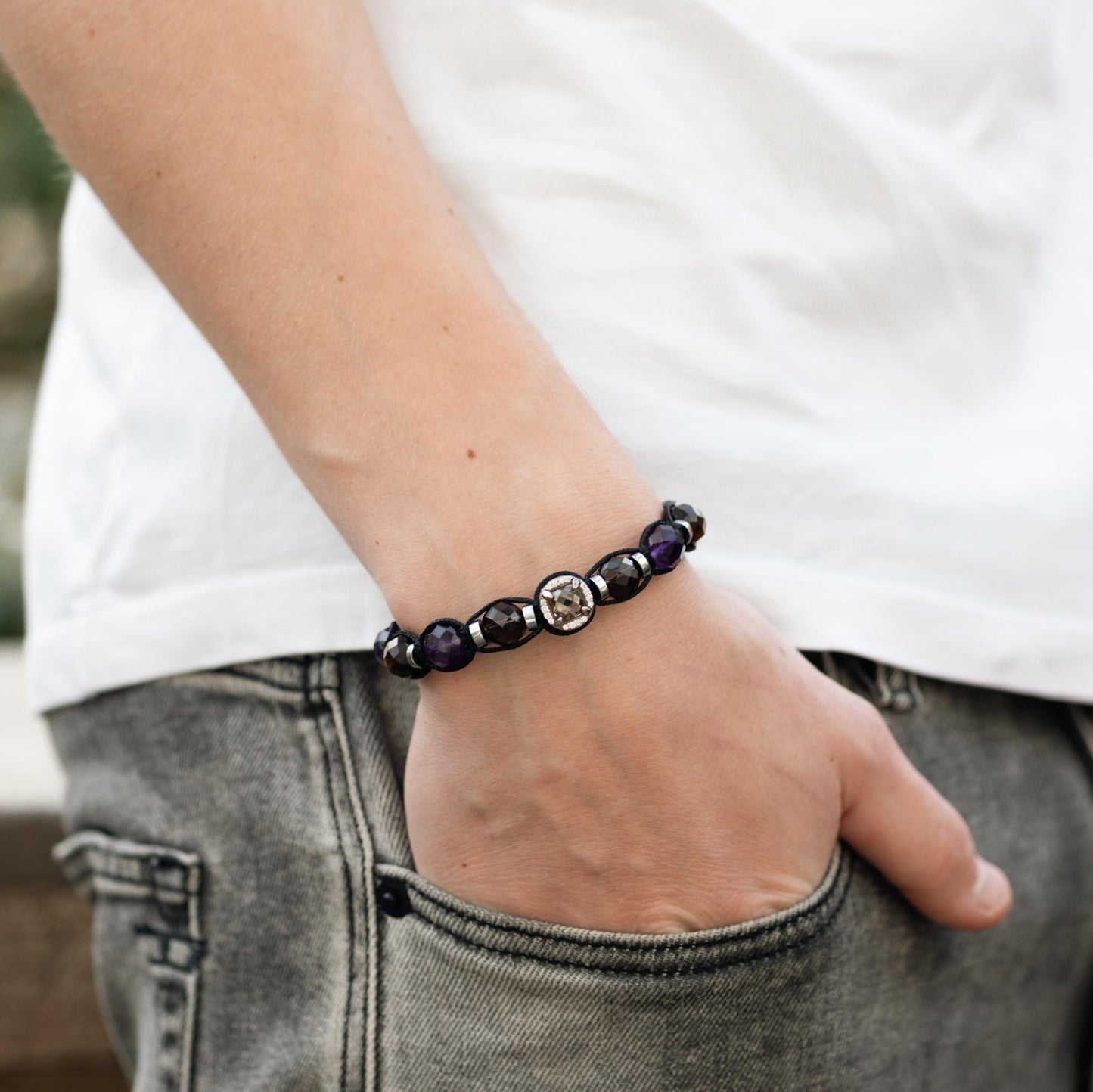 Men's Amethyst & Smoky Quartz Crystal Bracelet, Tiger's Eye 925 Silver Bead Bracelet, Adjustable Gemstone Birthstone Bracelet,Gift for Him- Shamballa Bracelet - Mantra Bracelet  -  Yoga Bracelet -  Birthstone Bracelet - Gemstone Bracelet Men - Chakra Bracelet - Macrame Bracelet - Healing Bracelet - Gift for Father - Gift For Men - Valinde

