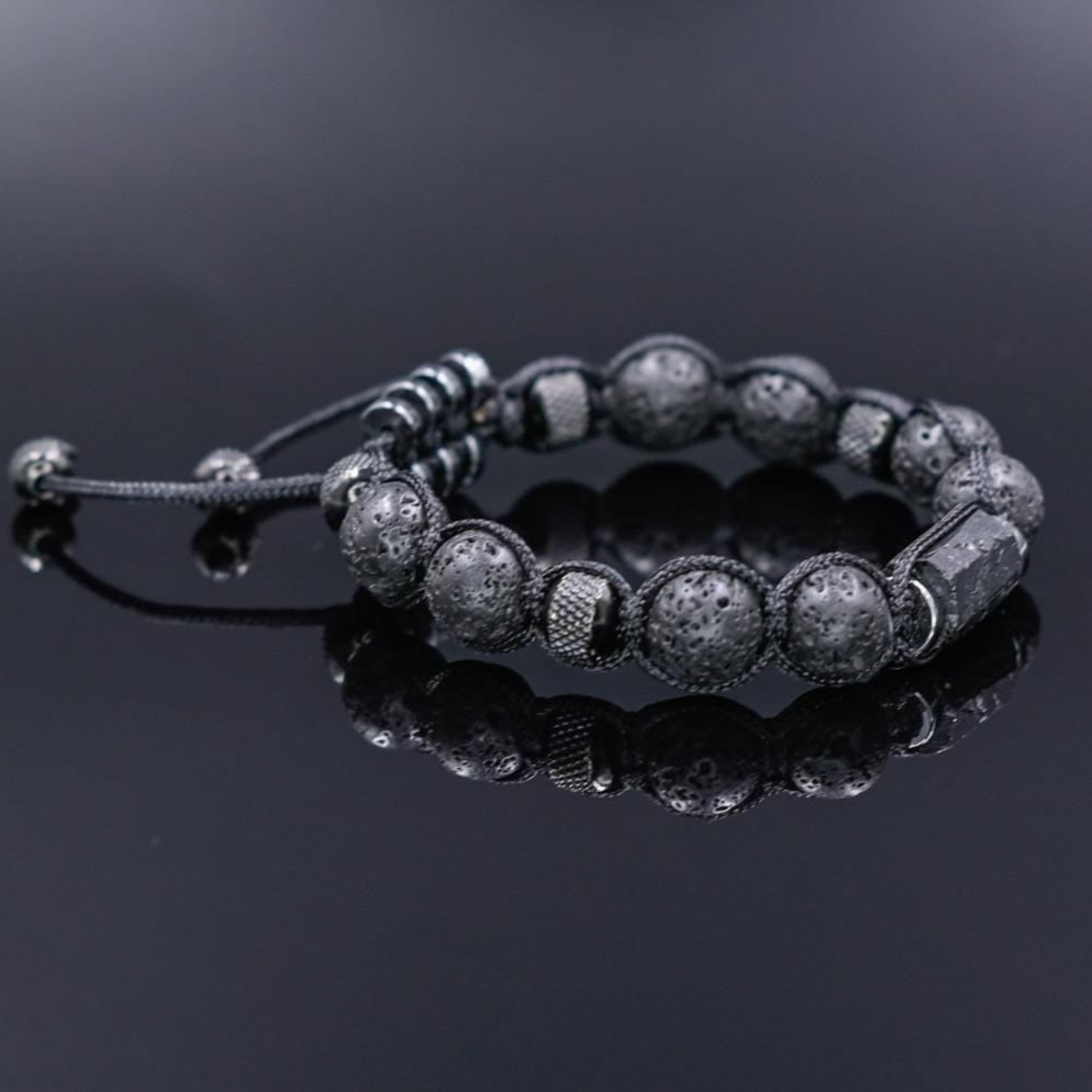 Black Tourmaline Lava Rock Steel Beaded Bracelet for Men, Lava Stone Braided Adjustable Bracelet, Gift for Him, Anniversary Gift, Men's Gift - Shamballa Bracelet - Birthstone Bracelet - Gemstone Bracelet Men - Chakra Bracelet - Macrame Bracelet - Healing Bracelet - Valinde
