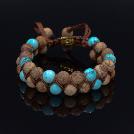 Men's Brown Jasper Double Bracelet Turquoise Beads Bracelet Double Row Bracelet Macrame Stone Bracelet Gift for Men Adjustable Bracelet - Shamballa Bracelet - Birthstone Bracelet - Gemstone Bracelet Men - Chakra Bracelet - Macrame Bracelet - Healing Bracelet - Valinde