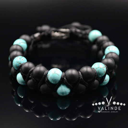 Men's Turquoise Beaded Bracelet Double Row Bracelet Black Onyx Bracelet Gift for Men Adjustable Macrame Bracelet Stone Two Row Bracelet   - Shamballa Bracelet - Birthstone Bracelet - Gemstone Bracelet Men - Chakra Bracelet - Macrame Bracelet - Healing Bracelet - Valinde
