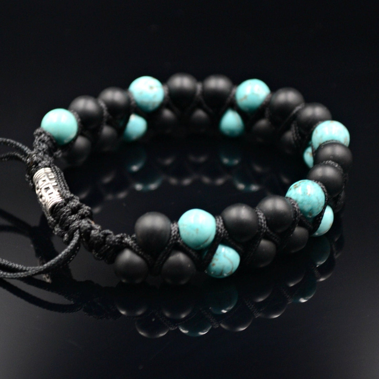 Men's Turquoise Beaded Bracelet Double Row Bracelet Black Onyx Bracelet Gift for Men Adjustable Macrame Bracelet Stone Two Row Bracelet   - Shamballa Bracelet - Birthstone Bracelet - Gemstone Bracelet Men - Chakra Bracelet - Macrame Bracelet - Healing Bracelet - Valinde
