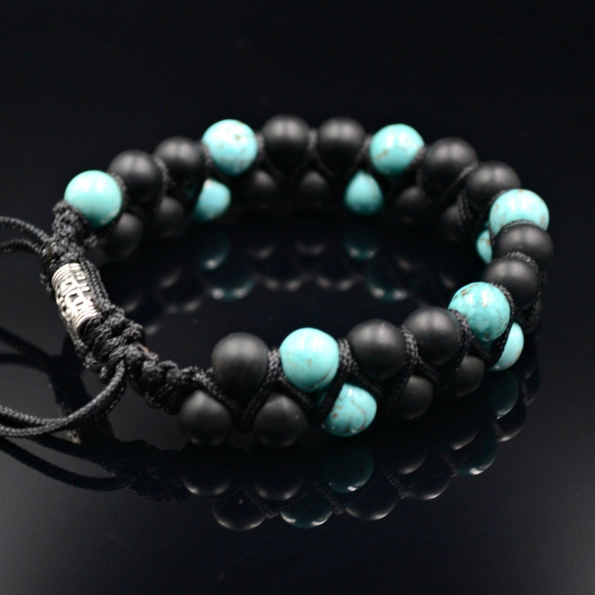 Men's Turquoise Beaded Bracelet Double Row Bracelet Black Onyx Bracelet Gift for Men Adjustable Macrame Bracelet Stone Two Row Bracelet   - Shamballa Bracelet - Birthstone Bracelet - Gemstone Bracelet Men - Chakra Bracelet - Macrame Bracelet - Healing Bracelet - Valinde

