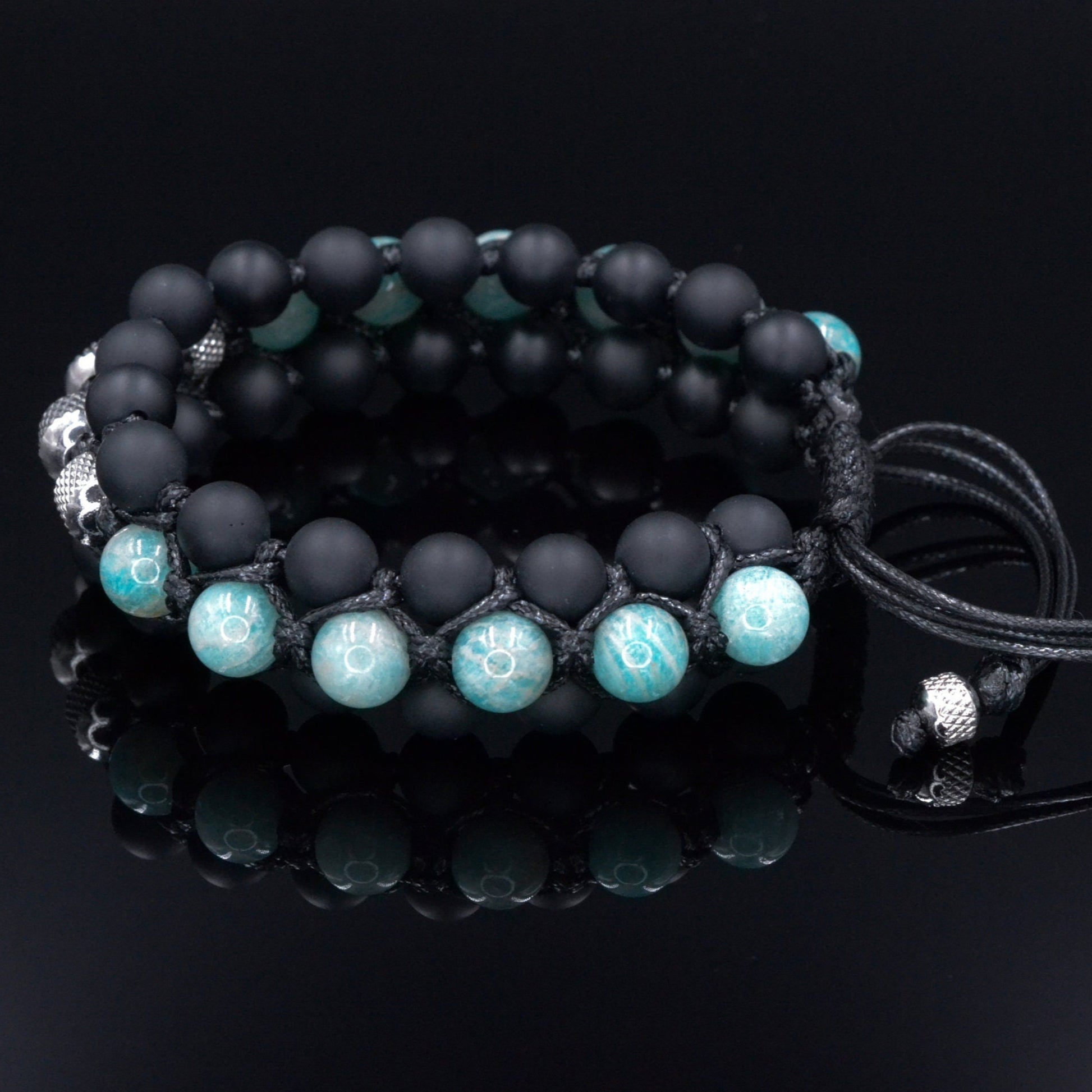 Amazonite Triple Bracelet for Men - Men's Steel Beads Bracelet - Three Row Adjustable Macrame Bracelet -Black Onyx Bracelet - Gift for Men  - Shamballa Bracelet - Birthstone Bracelet - Gemstone Bracelet Men - Chakra Bracelet - Macrame Bracelet - Healing Bracelet - Valinde

