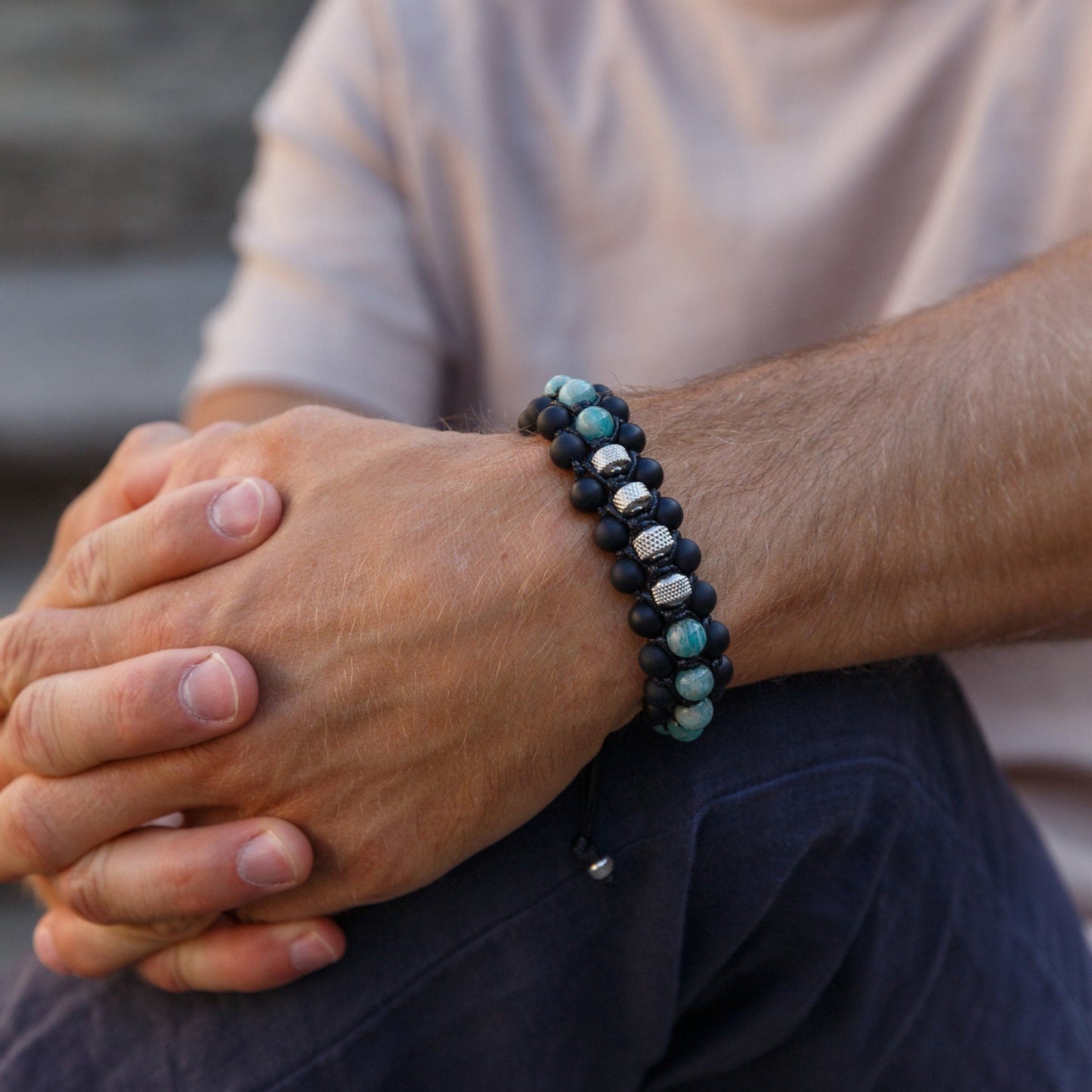 Amazonite Triple Bracelet for Men - Men's Steel Beads Bracelet - Three Row Adjustable Macrame Bracelet -Black Onyx Bracelet - Gift for Men  - Shamballa Bracelet - Birthstone Bracelet - Gemstone Bracelet Men - Chakra Bracelet - Macrame Bracelet - Healing Bracelet - Valinde
