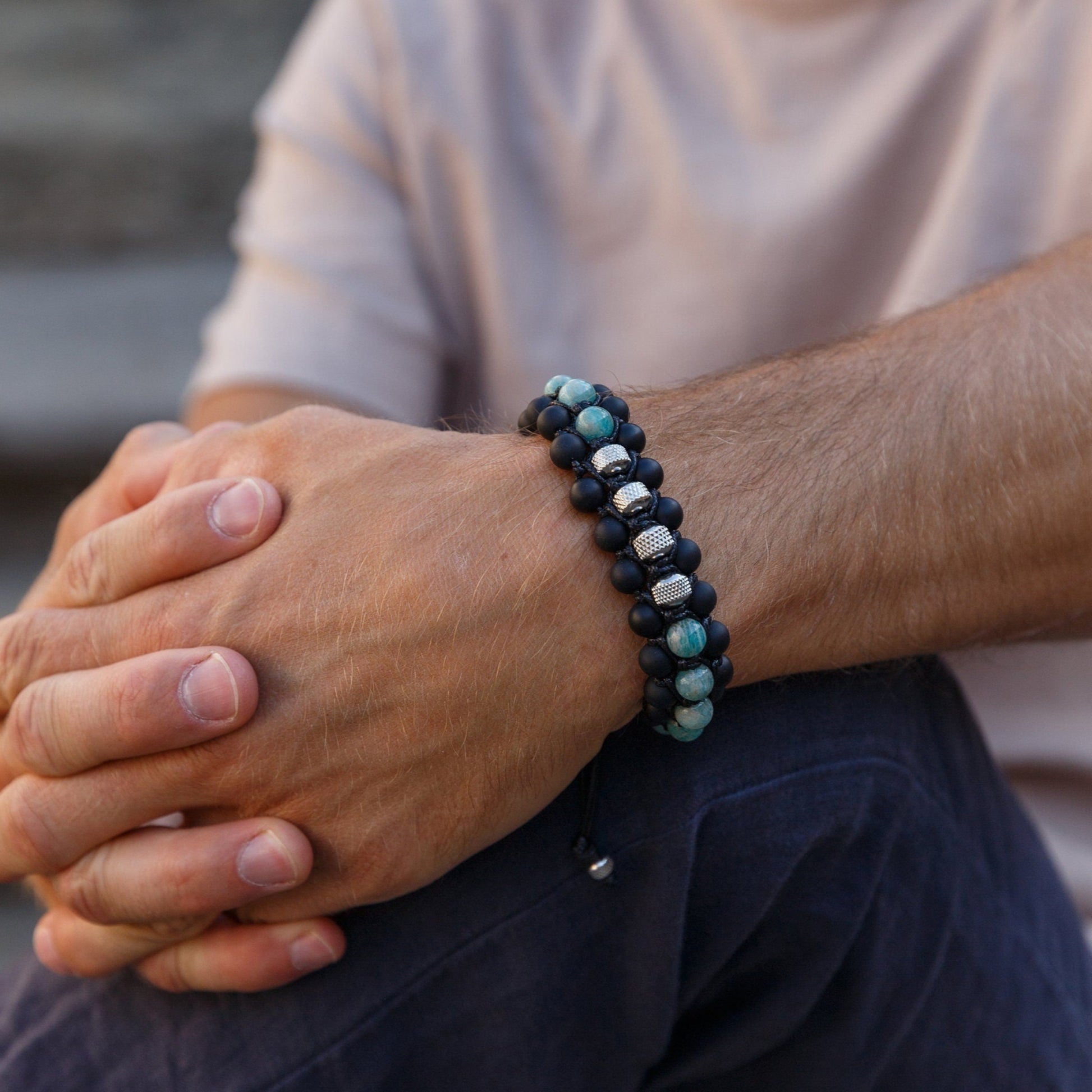 Amazonite Triple Bracelet for Men - Men's Steel Beads Bracelet - Three Row Adjustable Macrame Bracelet -Black Onyx Bracelet - Gift for Men  - Shamballa Bracelet - Birthstone Bracelet - Gemstone Bracelet Men - Chakra Bracelet - Macrame Bracelet - Healing Bracelet - Valinde
