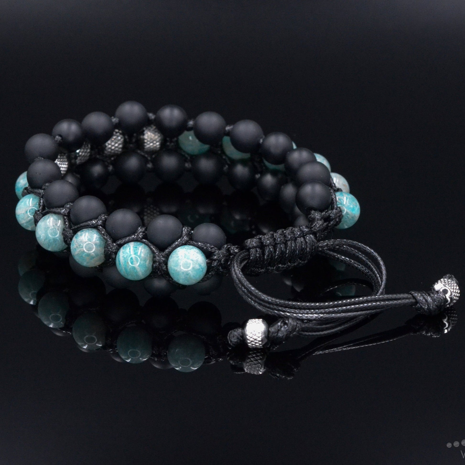 Amazonite Triple Bracelet for Men - Men's Steel Beads Bracelet - Three Row Adjustable Macrame Bracelet -Black Onyx Bracelet - Gift for Men  - Shamballa Bracelet - Birthstone Bracelet - Gemstone Bracelet Men - Chakra Bracelet - Macrame Bracelet - Healing Bracelet - Valinde
