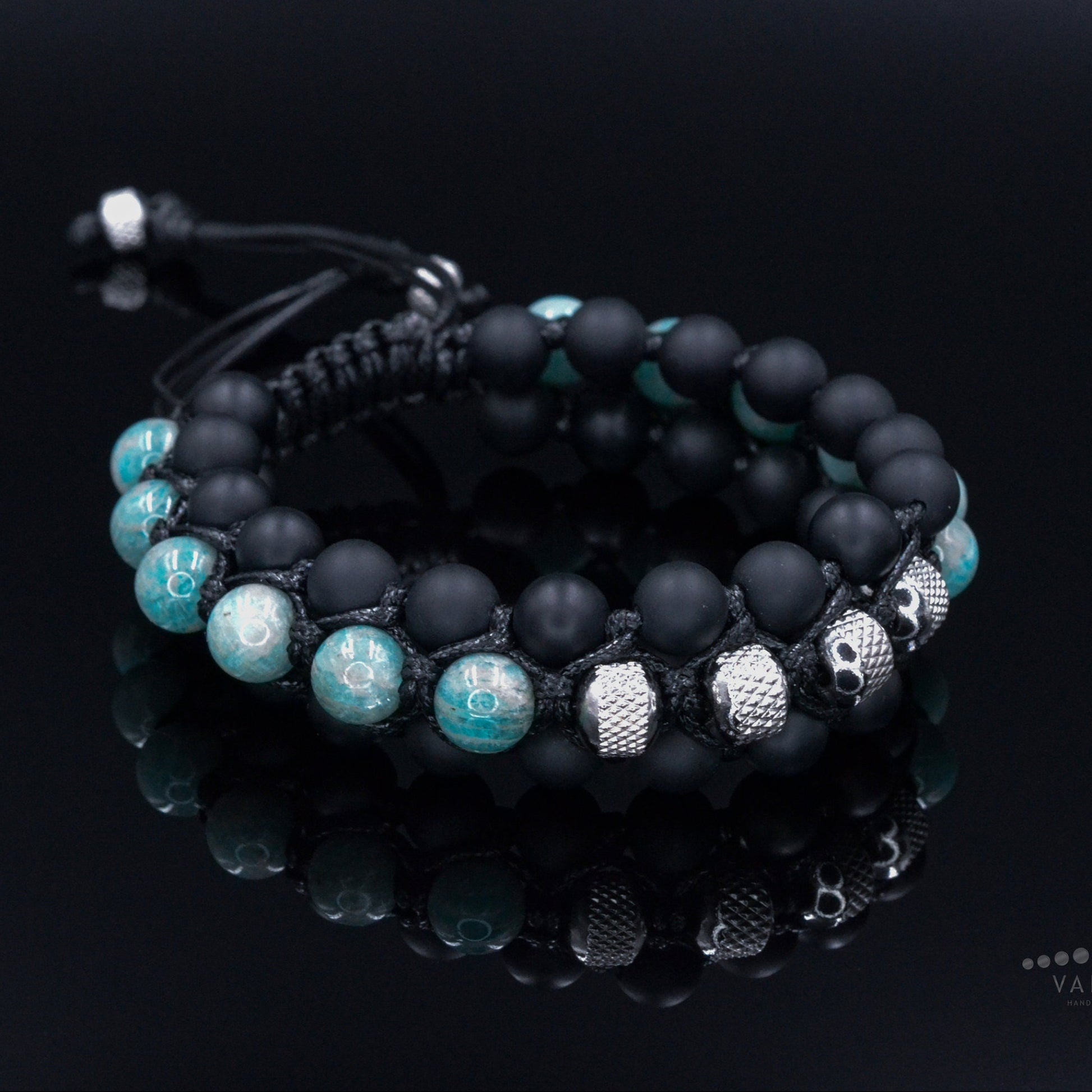 Amazonite Triple Bracelet for Men - Men's Steel Beads Bracelet - Three Row Adjustable Macrame Bracelet -Black Onyx Bracelet - Gift for Men  - Shamballa Bracelet - Birthstone Bracelet - Gemstone Bracelet Men - Chakra Bracelet - Macrame Bracelet - Healing Bracelet - Valinde

