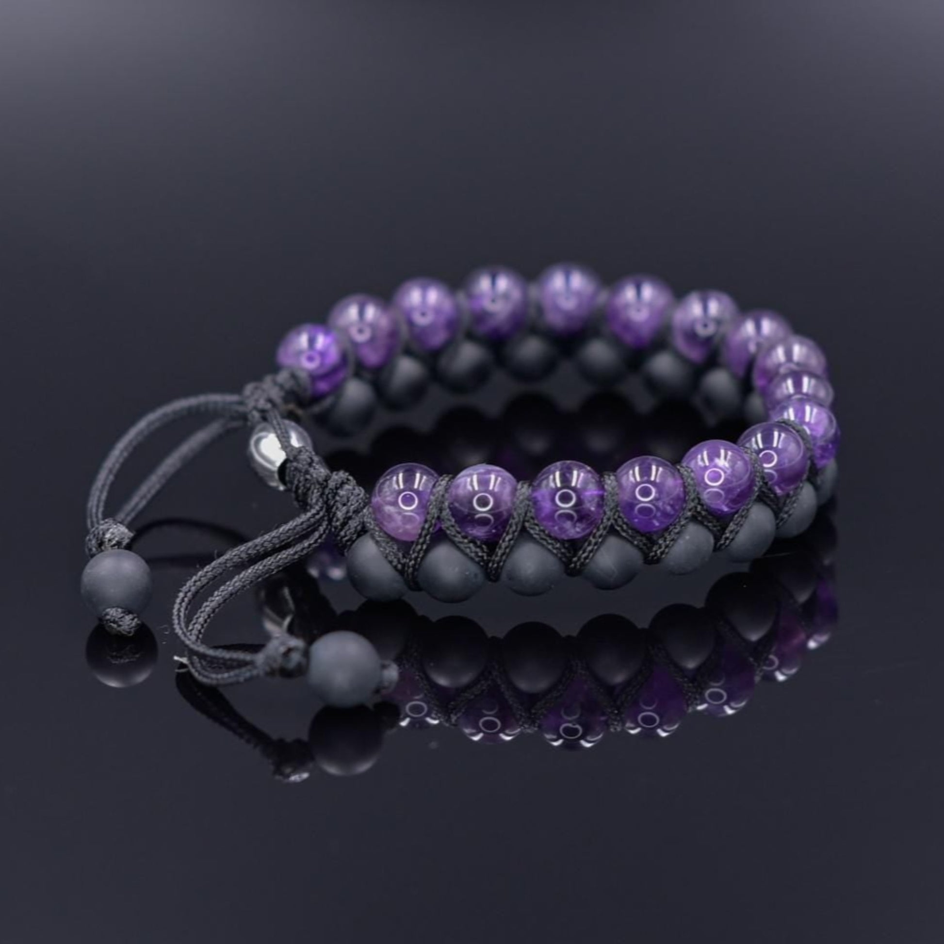 Amethyst Black Onyx Braided Bracelet Men, Men's Adjustable Double Row Bracelet, Gift for Him, Father's Day Gift, Crystal Beads Bracelet - Shamballa Bracelet - Birthstone Bracelet - Gemstone Bracelet Men - Chakra Bracelet - Macrame Bracelet - Healing Bracelet - Valinde
