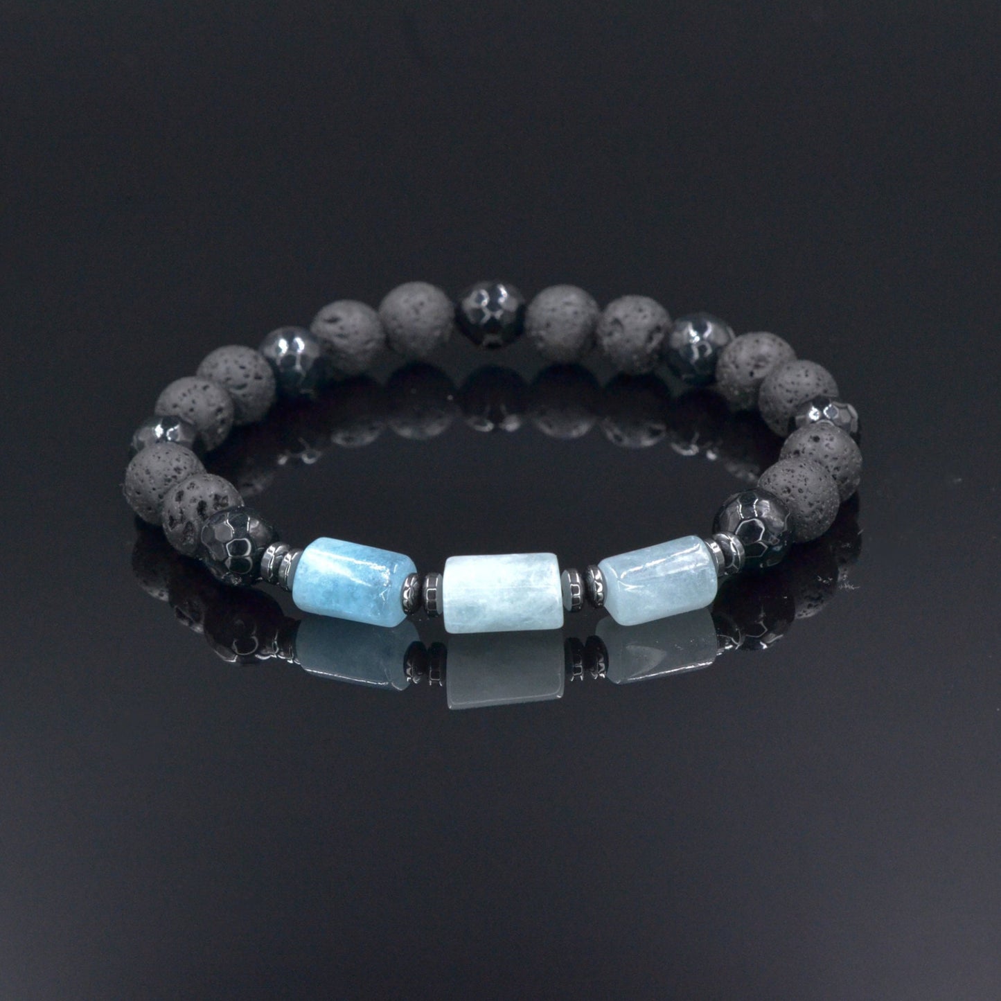 Men's Aquamarine Stretch Bracelet, Black Lava Stone Agate Beaded Bracelet, Elastic Summer Bracelet, Gift for Men, Birthday Gift for Him - Shamballa Bracelet - Birthstone Bracelet - Gemstone Bracelet Men - Chakra Bracelet - Macrame Bracelet - Healing Bracelet - Valinde