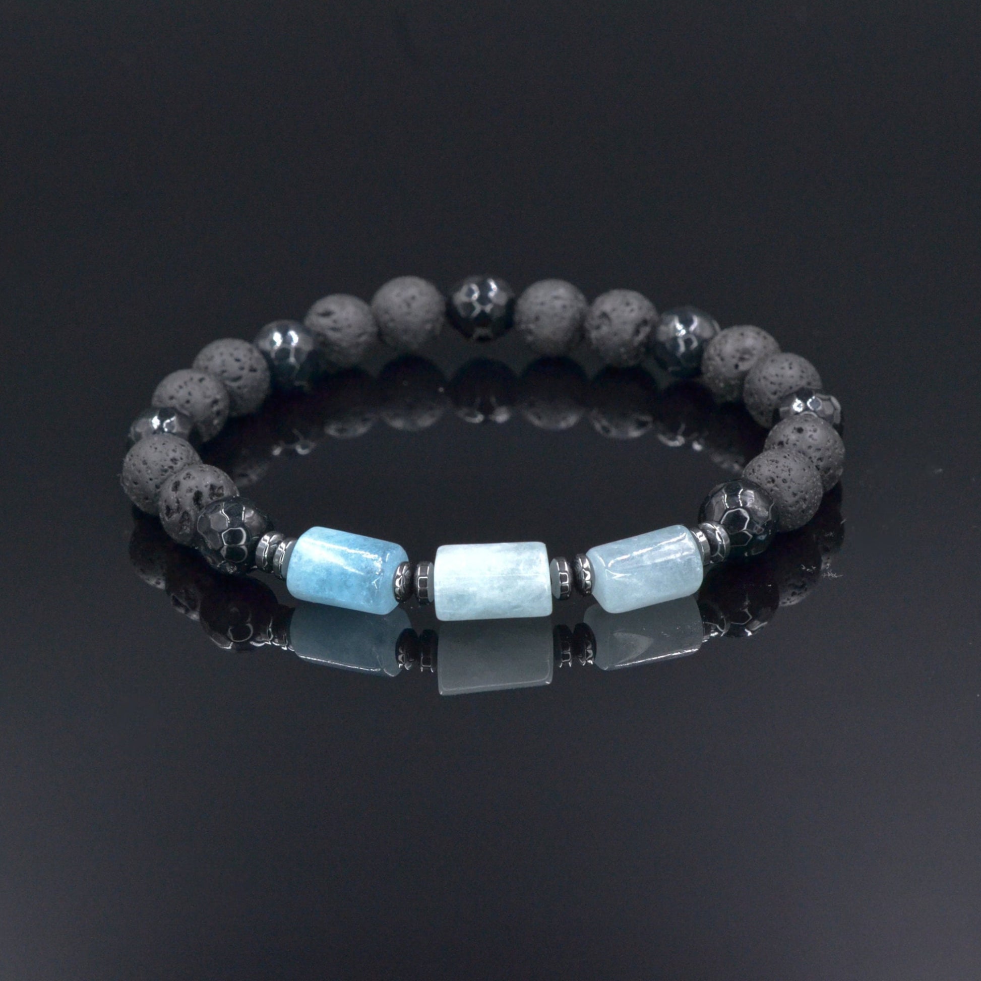 Men's Aquamarine Stretch Bracelet, Black Lava Stone Agate Beaded Bracelet, Elastic Summer Bracelet, Gift for Men, Birthday Gift for Him - Shamballa Bracelet - Birthstone Bracelet - Gemstone Bracelet Men - Chakra Bracelet - Macrame Bracelet - Healing Bracelet - Valinde