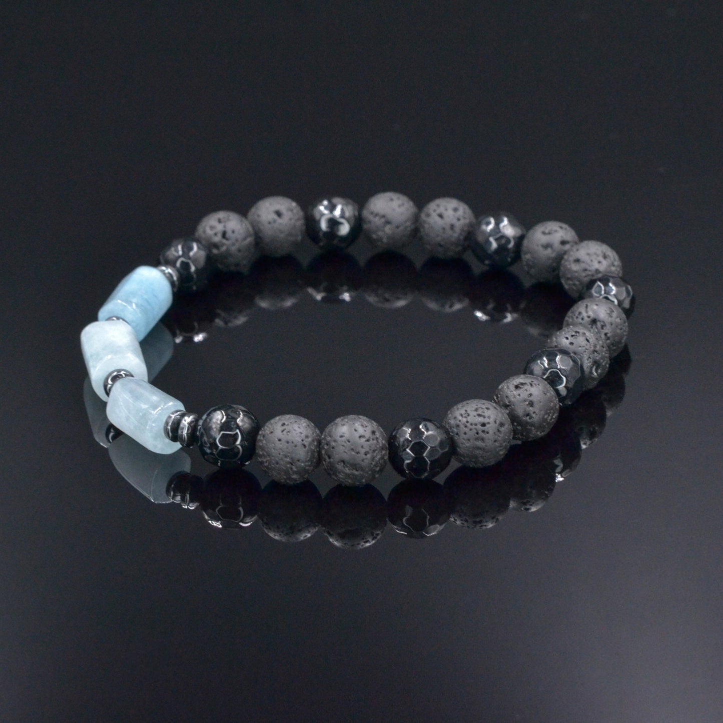 Men's Aquamarine Stretch Bracelet, Black Lava Stone Agate Beaded Bracelet, Elastic Summer Bracelet, Gift for Men, Birthday Gift for Him - Shamballa Bracelet - Birthstone Bracelet - Gemstone Bracelet Men - Chakra Bracelet - Macrame Bracelet - Healing Bracelet - Valinde
