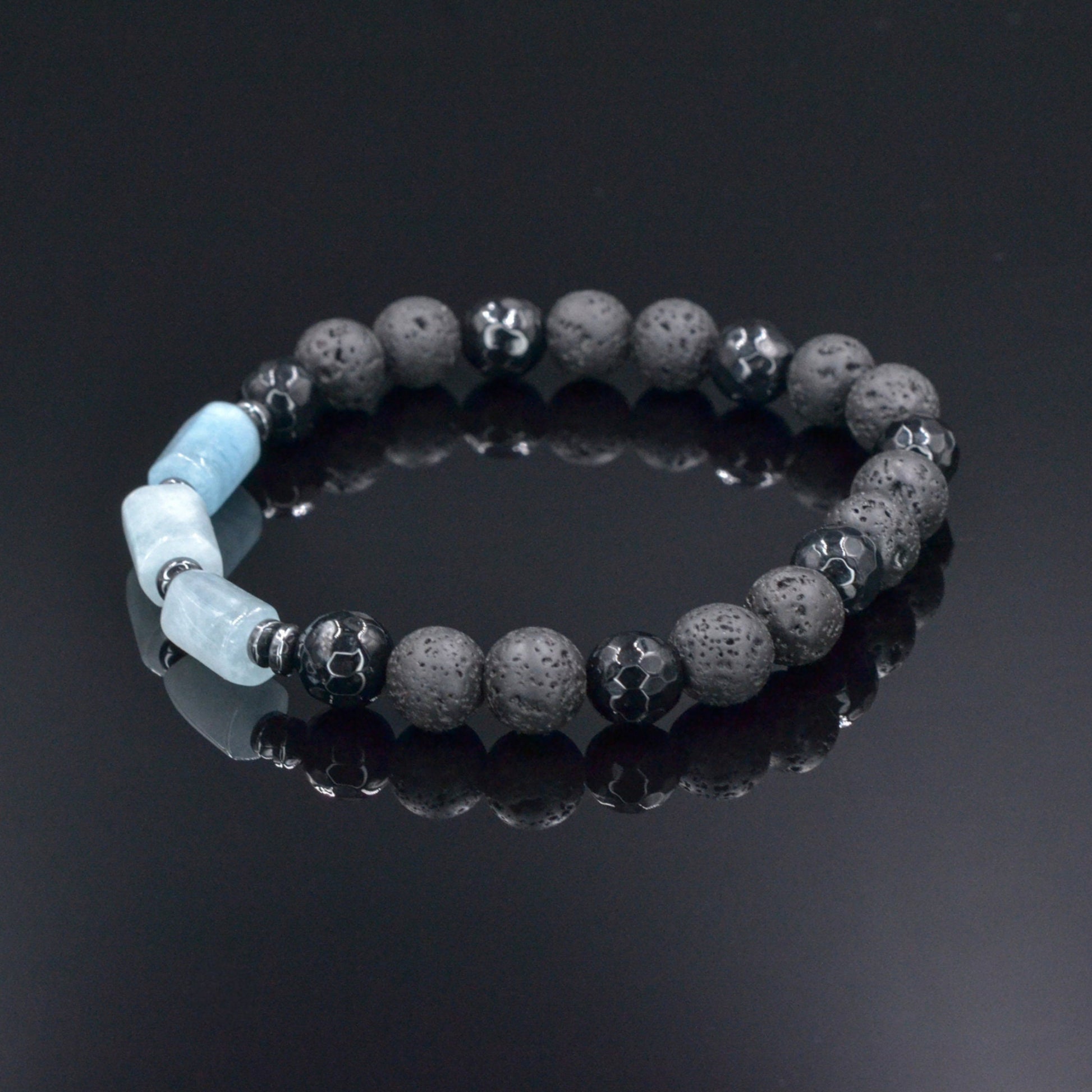 Men's Aquamarine Stretch Bracelet, Black Lava Stone Agate Beaded Bracelet, Elastic Summer Bracelet, Gift for Men, Birthday Gift for Him - Shamballa Bracelet - Birthstone Bracelet - Gemstone Bracelet Men - Chakra Bracelet - Macrame Bracelet - Healing Bracelet - Valinde
