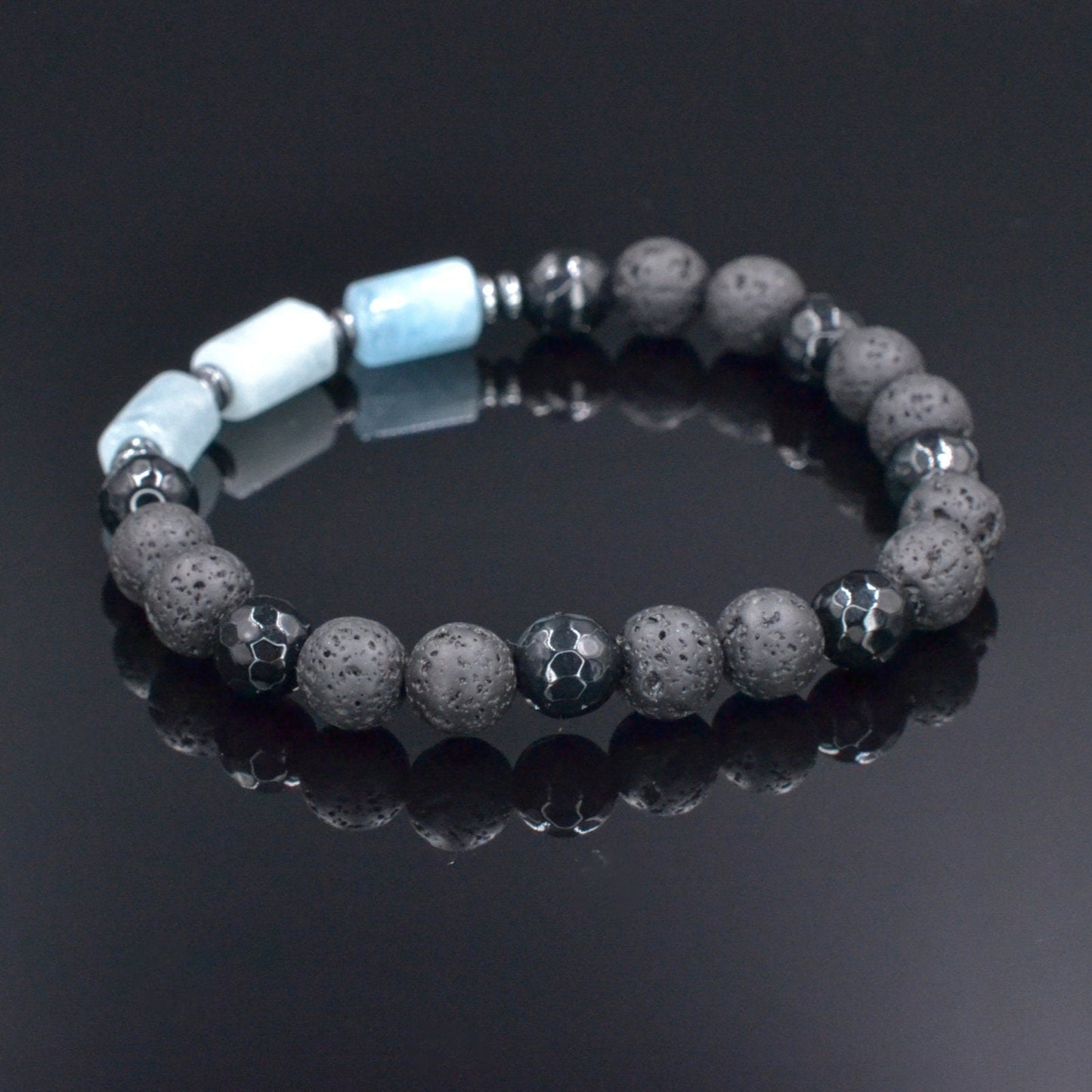 Men's Aquamarine Stretch Bracelet, Black Lava Stone Agate Beaded Bracelet, Elastic Summer Bracelet, Gift for Men, Birthday Gift for Him - Shamballa Bracelet - Birthstone Bracelet - Gemstone Bracelet Men - Chakra Bracelet - Macrame Bracelet - Healing Bracelet - Valinde
