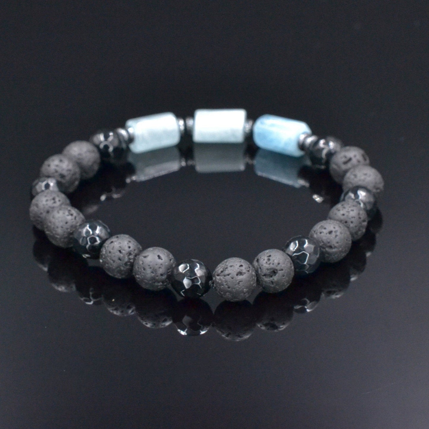 Men's Aquamarine Stretch Bracelet, Black Lava Stone Agate Beaded Bracelet, Elastic Summer Bracelet, Gift for Men, Birthday Gift for Him - Shamballa Bracelet - Birthstone Bracelet - Gemstone Bracelet Men - Chakra Bracelet - Macrame Bracelet - Healing Bracelet - Valinde
