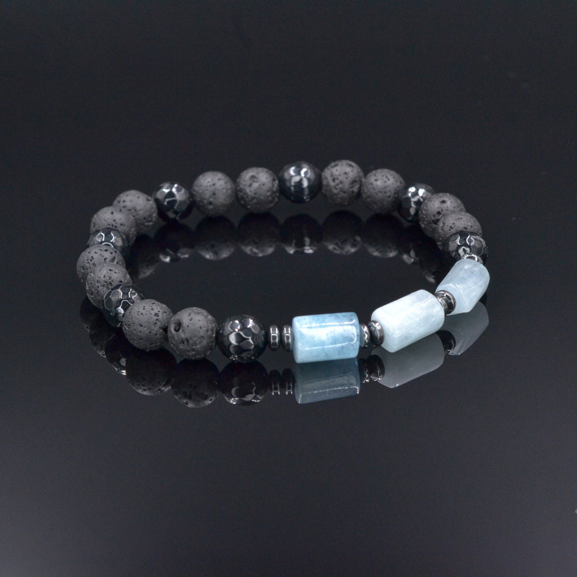 Men's Aquamarine Stretch Bracelet, Black Lava Stone Agate Beaded Bracelet, Elastic Summer Bracelet, Gift for Men, Birthday Gift for Him - Shamballa Bracelet - Birthstone Bracelet - Gemstone Bracelet Men - Chakra Bracelet - Macrame Bracelet - Healing Bracelet - Valinde
