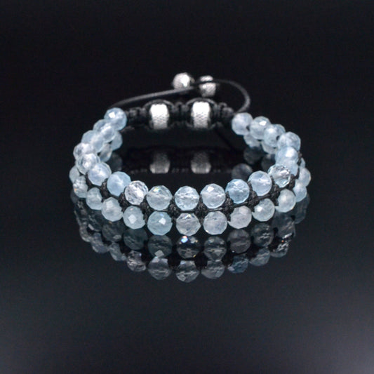 Men's Genuine Aquamarine Bracelet, Double Row Adjustable Bracelet, Steel Beaded Bracelet, Gift for Men, Crystal Two Row Braided Bracelet  - Shamballa Bracelet - Birthstone Bracelet - Gemstone Bracelet Men - Chakra Bracelet - Macrame Bracelet - Healing Bracelet - Valinde
