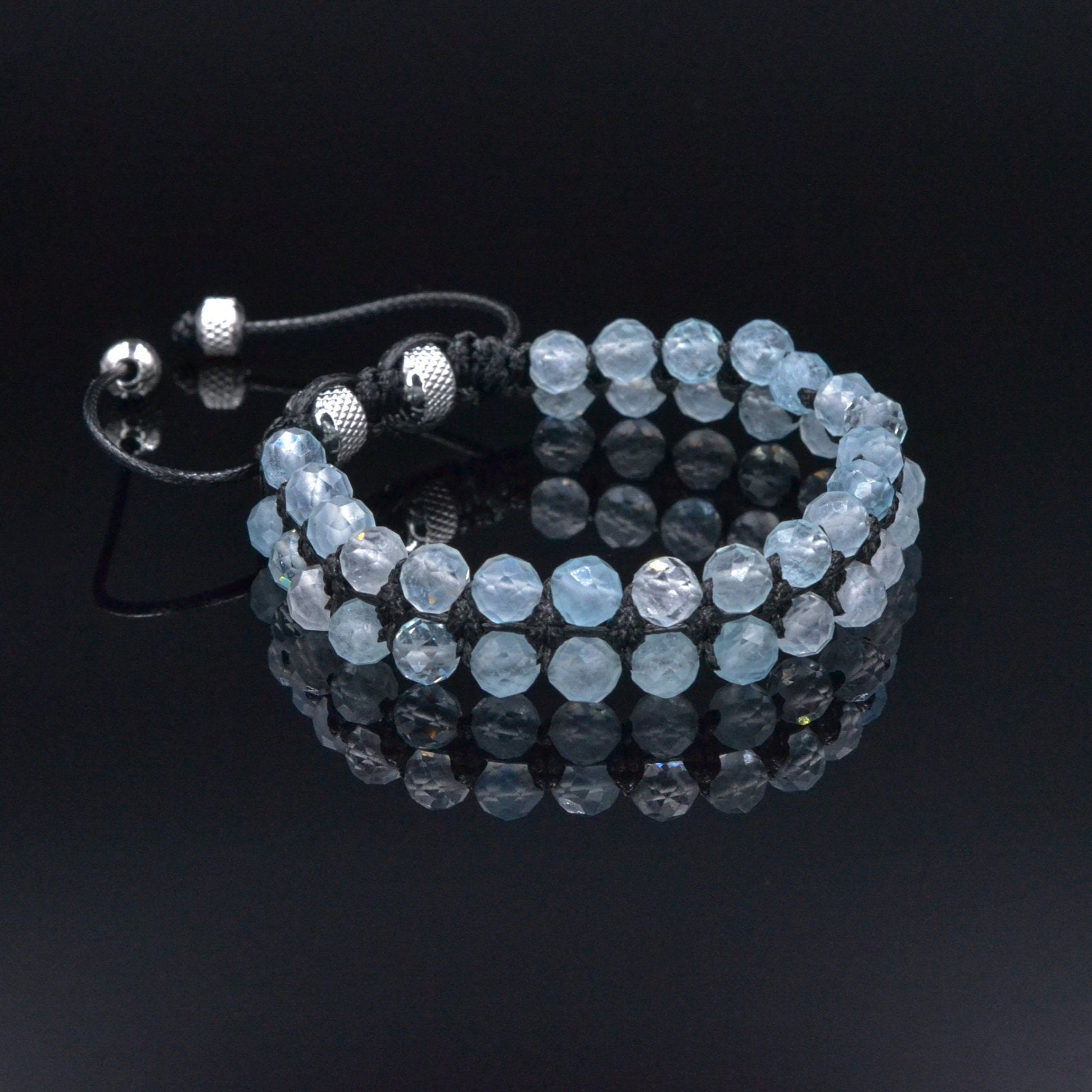 Men's Genuine Aquamarine Bracelet, Double Row Adjustable Bracelet, Steel Beaded Bracelet, Gift for Men, Crystal Two Row Braided Bracelet  - Shamballa Bracelet - Birthstone Bracelet - Gemstone Bracelet Men - Chakra Bracelet - Macrame Bracelet - Healing Bracelet - Valinde
