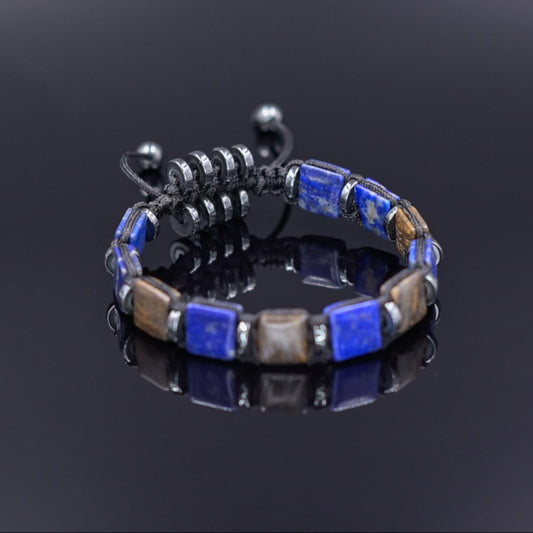 Lapis Lazuli Flat Bead Bracelet, Men's Bronzite Hematite Adjustable Bracelet,Gift for Men,Braided Bracelet, Christmas Gift,Gemstone Bracelet - Shamballa Bracelet - Birthstone Bracelet - Gemstone Bracelet Men - Chakra Bracelet