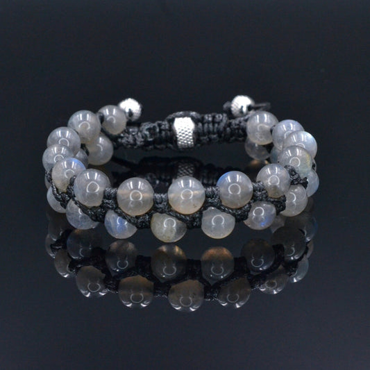 Genuine Labradorite Bracelet, Men's Double Row Macrame Braided Bracelet, Steel Bead Bracelet, Gift for Men, Crystal Adjustable Bracelet  - Shamballa Bracelet - Birthstone Bracelet - Gemstone Bracelet Men - Chakra Bracelet - Macrame Bracelet - Healing Bracelet - Valinde