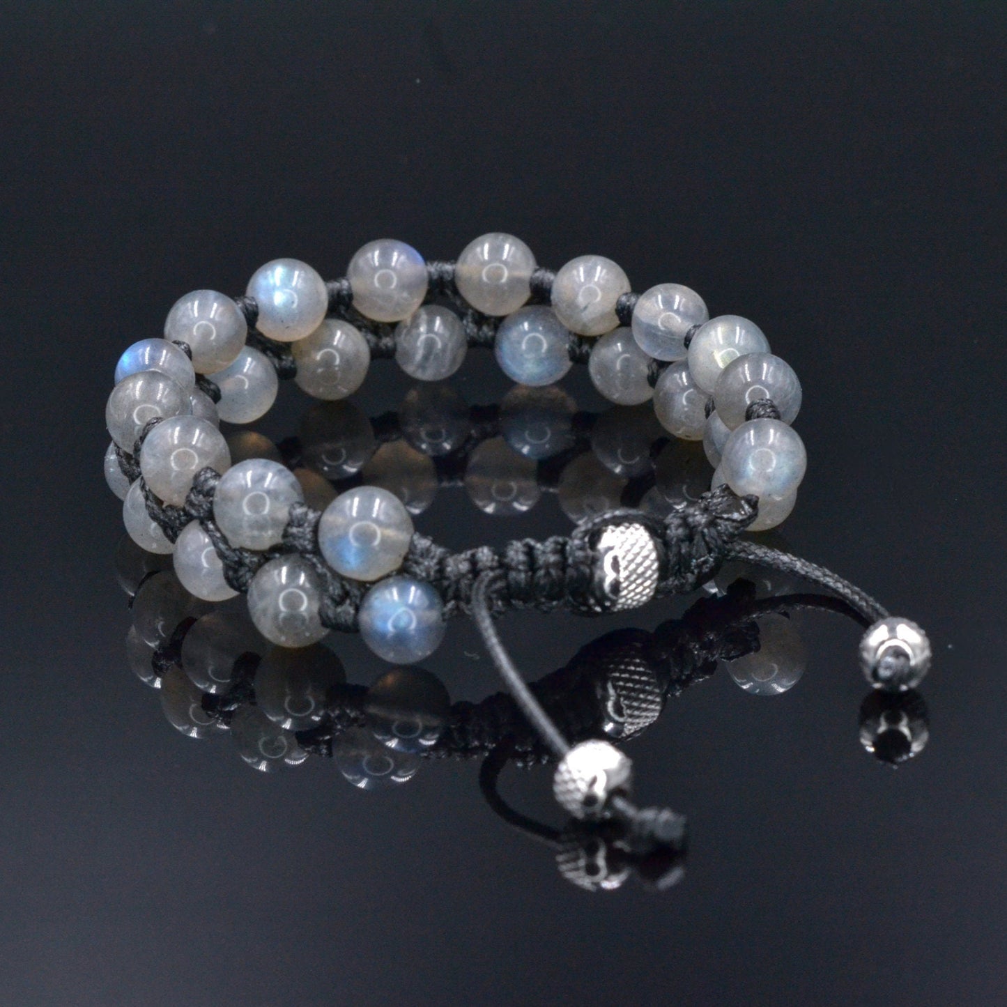 Genuine Labradorite Bracelet, Men's Double Row Macrame Braided Bracelet, Steel Bead Bracelet, Gift for Men, Crystal Adjustable Bracelet  - Shamballa Bracelet - Birthstone Bracelet - Gemstone Bracelet Men - Chakra Bracelet - Macrame Bracelet - Healing Bracelet - Valinde
