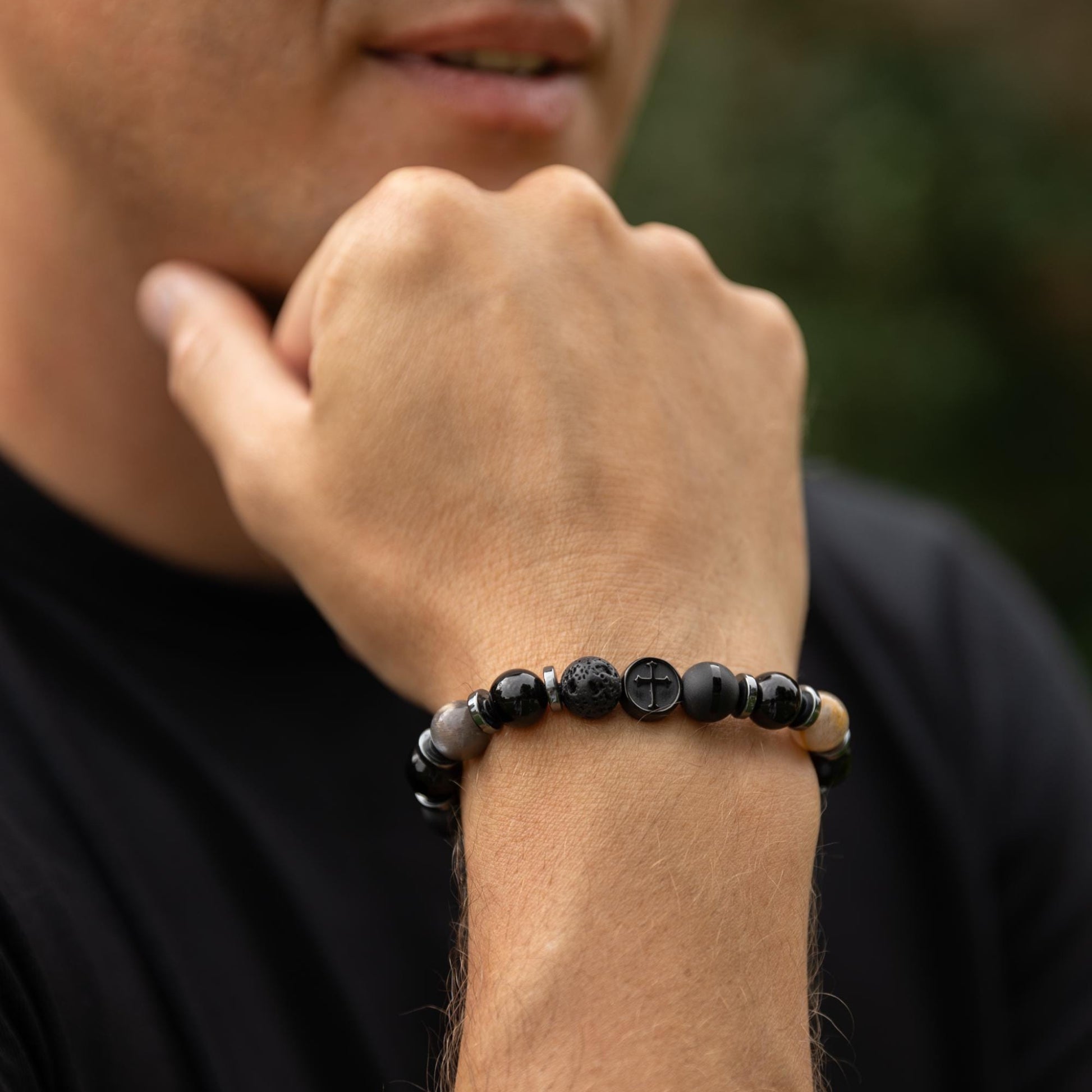 Cross Bead Bracelet Men, Men's Black Onyx Agate Lava Stone Hematite Sunstone Bracelet, Adjustable Bracelet, Gift for Men, Gemstone Bracelet - Shamballa Bracelet - Mantra Bracelet  -  Yoga Bracelet -  Birthstone Bracelet - Gemstone Bracelet Men - Chakra Bracelet - Macrame Bracelet - Healing Bracelet - Gift for Father - Gift For Men - Valinde
