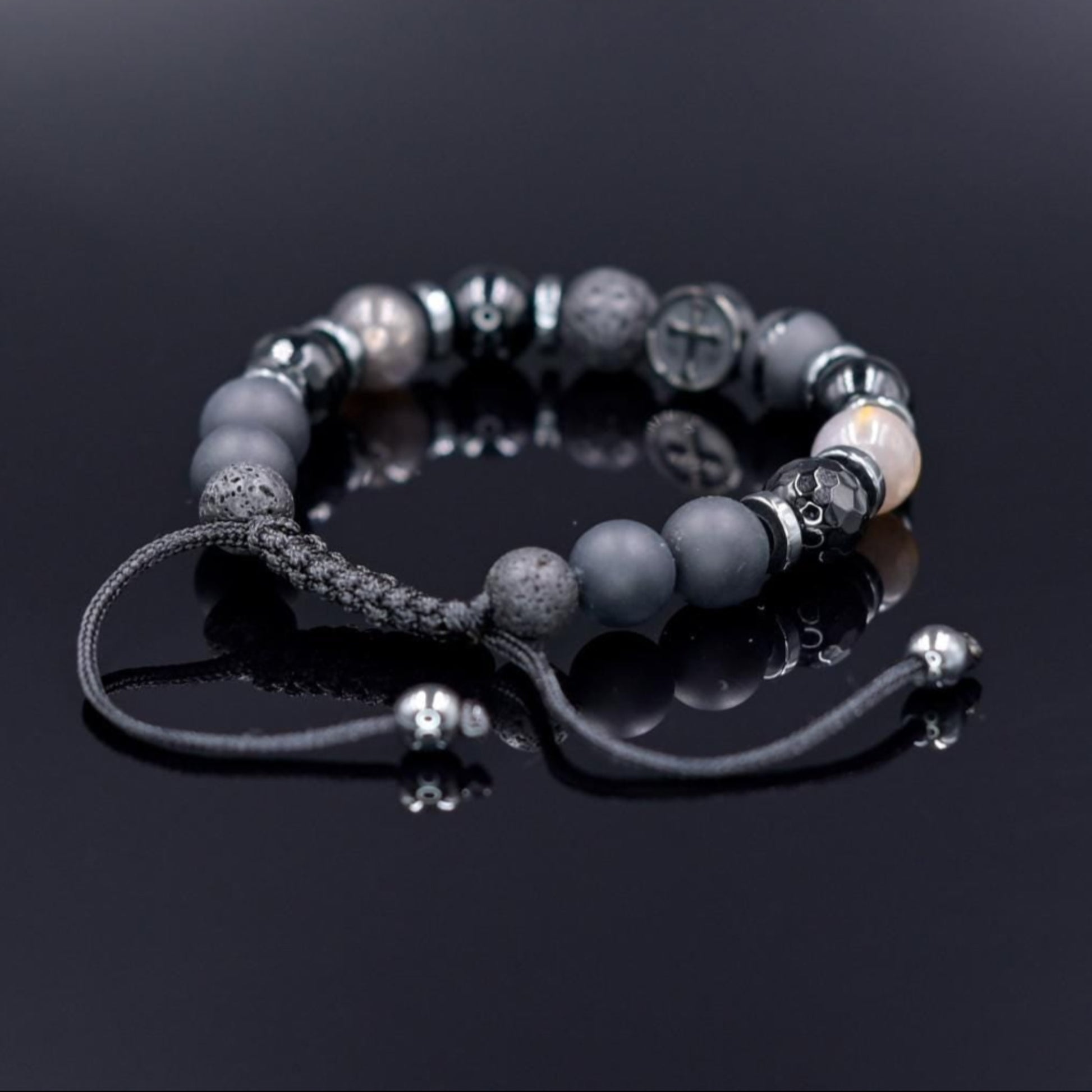 Cross Bead Bracelet Men, Men's Black Onyx Agate Lava Stone Hematite Sunstone Bracelet, Adjustable Bracelet, Gift for Men, Gemstone Bracelet - Shamballa Bracelet - Mantra Bracelet  -  Yoga Bracelet -  Birthstone Bracelet - Gemstone Bracelet Men - Chakra Bracelet - Macrame Bracelet - Healing Bracelet - Gift for Father - Gift For Men - Valinde
