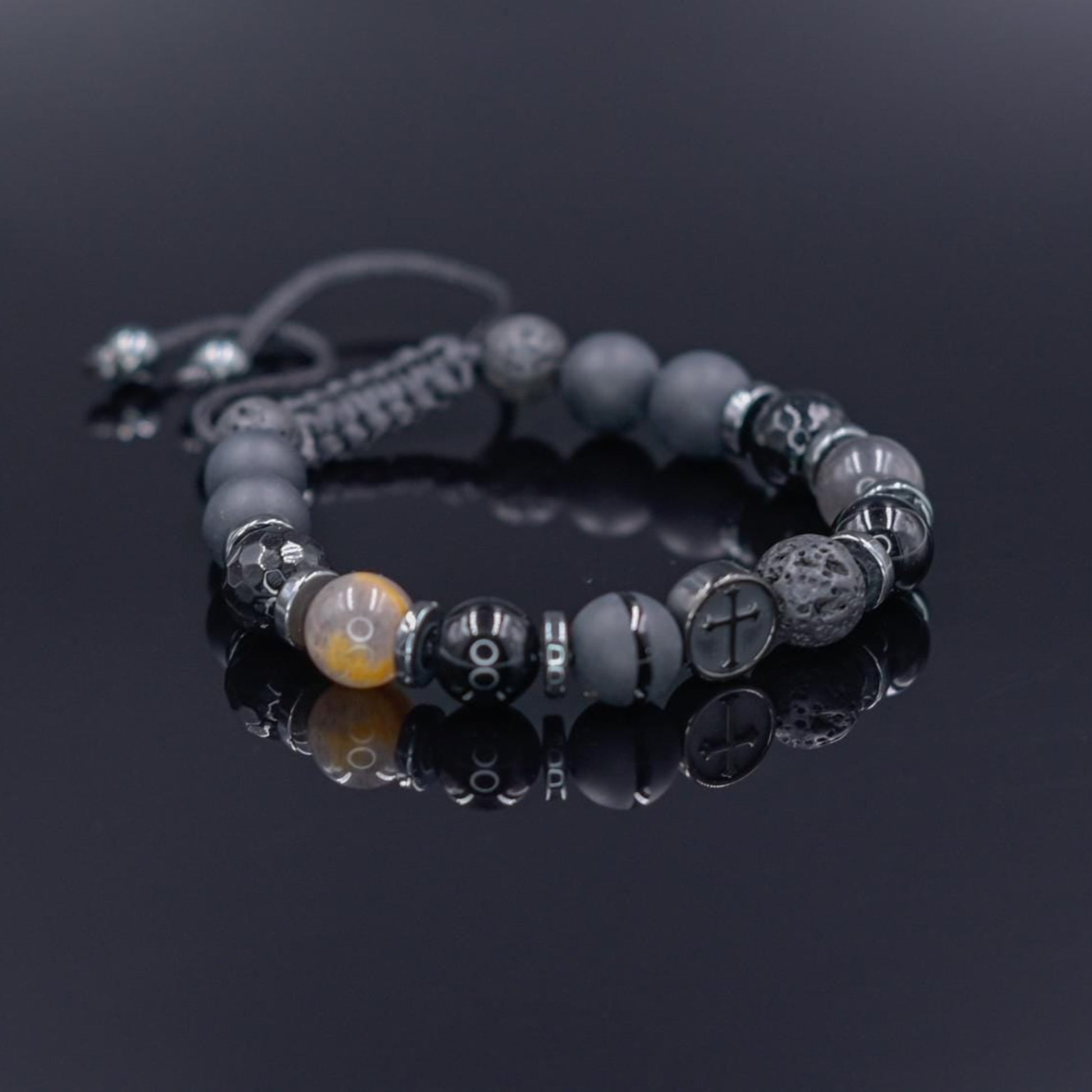 Cross Bead Bracelet Men, Men's Black Onyx Agate Lava Stone Hematite Sunstone Bracelet, Adjustable Bracelet, Gift for Men, Gemstone Bracelet - Shamballa Bracelet - Mantra Bracelet  -  Yoga Bracelet -  Birthstone Bracelet - Gemstone Bracelet Men - Chakra Bracelet - Macrame Bracelet - Healing Bracelet - Gift for Father - Gift For Men - Valinde
