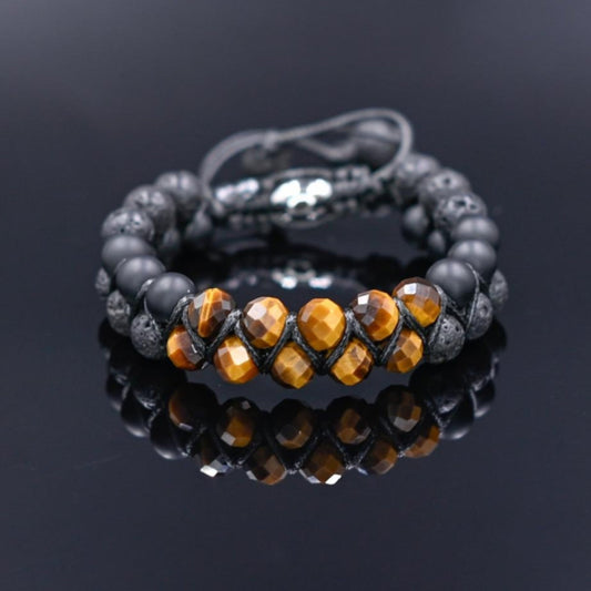 Men's Genuine Tiger's Eye Onyx Lava Bracelet, Double Row Adjustable Bracelet, Steel Beaded Bracelet, Gift for Men, Crystal Two Row Braided Bracelet  - Shamballa Bracelet - Birthstone Bracelet - Gemstone Bracelet Men - Chakra Bracelet - Macrame Bracelet - Healing Bracelet - Valinde
