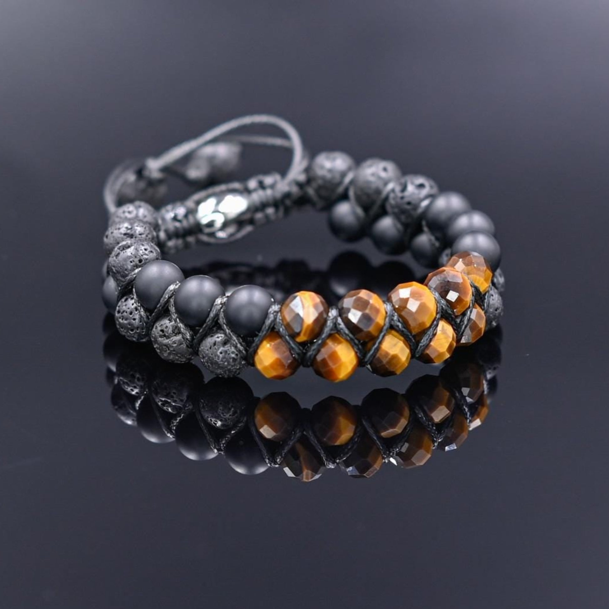 Men's Genuine Tiger's Eye Onyx Lava Bracelet, Double Row Adjustable Bracelet, Steel Beaded Bracelet, Gift for Men, Crystal Two Row Braided Bracelet  - Shamballa Bracelet - Birthstone Bracelet - Gemstone Bracelet Men - Chakra Bracelet - Macrame Bracelet - Healing Bracelet - Valinde
