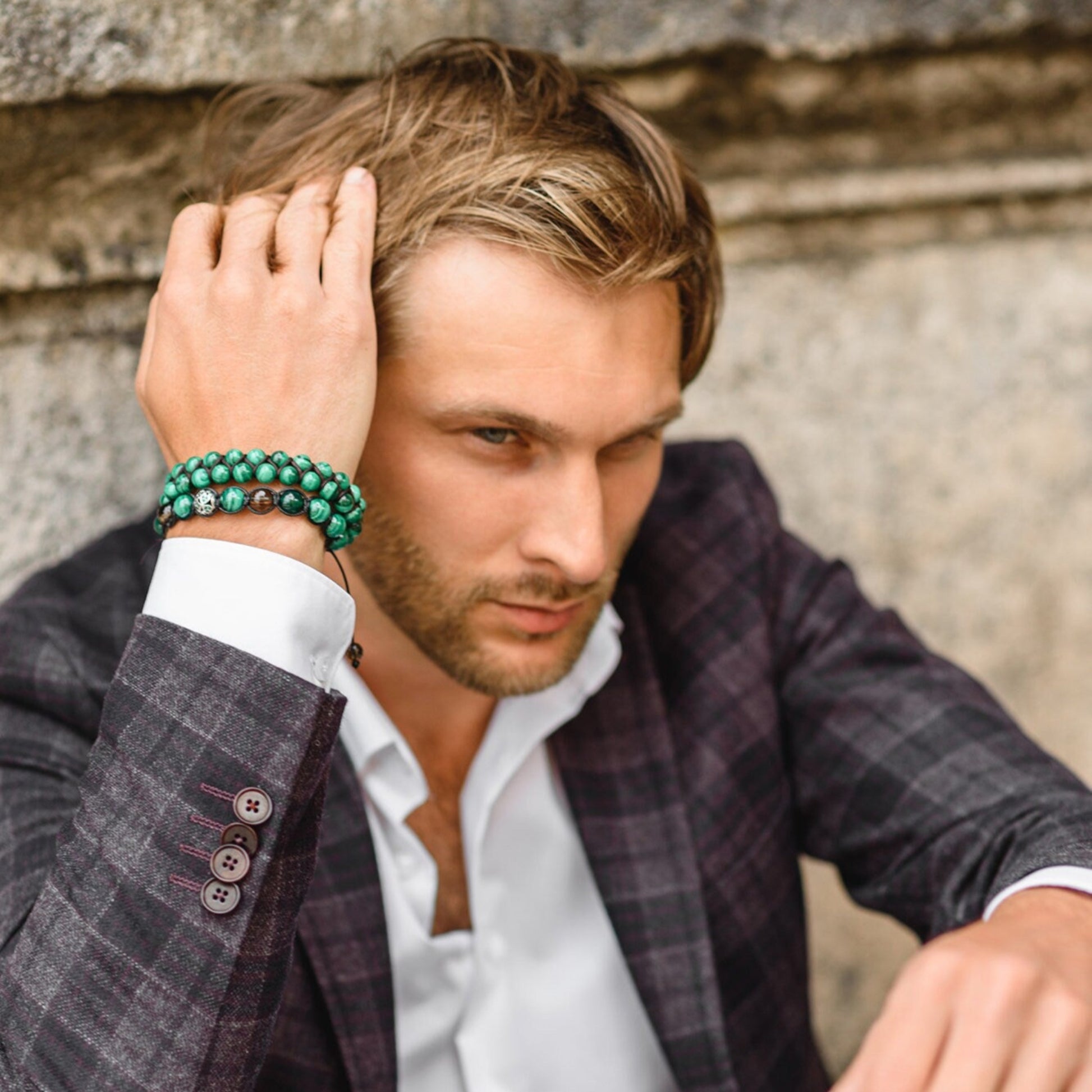 Men's Malachite Bracelet - 925 Sterling Silver Bracelet - Gift for Men - Genuine Malachite Bracelet - Macrame Stone Bracelet - Crystal Beaded Bracelet - Healing Bracelet  Birthstone Bracelet - Gemstone Bracelet Men
