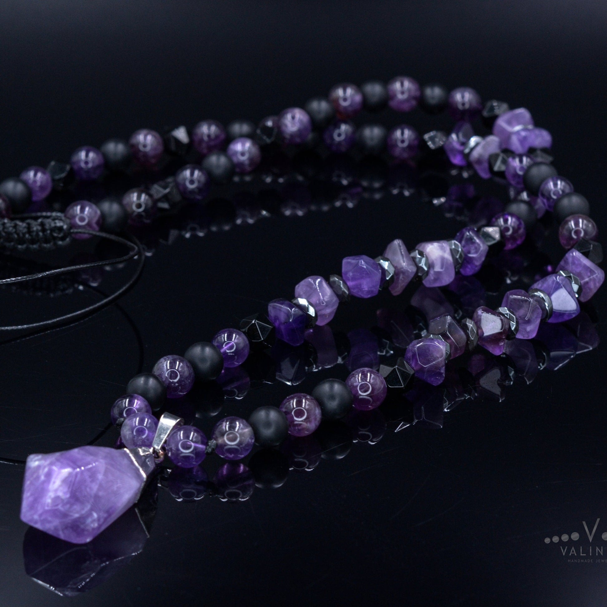 Amethyst Pendant Necklace / Men's Crystal Necklace / Gift for Men / Long Beaded Necklace / Amethyst Jewelry / Black Onyx Necklace for Men - Shamballa Necklace - Birthstone Necklace - Gemstone Necklace Men - Chakra Necklace - Macrame Necklace  - Healing Necklace 