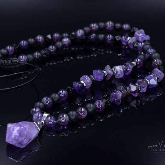 Amethyst Pendant Necklace / Men's Crystal Necklace / Gift for Men / Long Beaded Necklace / Amethyst Jewelry / Black Onyx Necklace for Men - Shamballa Necklace - Birthstone Necklace - Gemstone Necklace Men - Chakra Necklace - Macrame Necklace  - Healing Necklace 